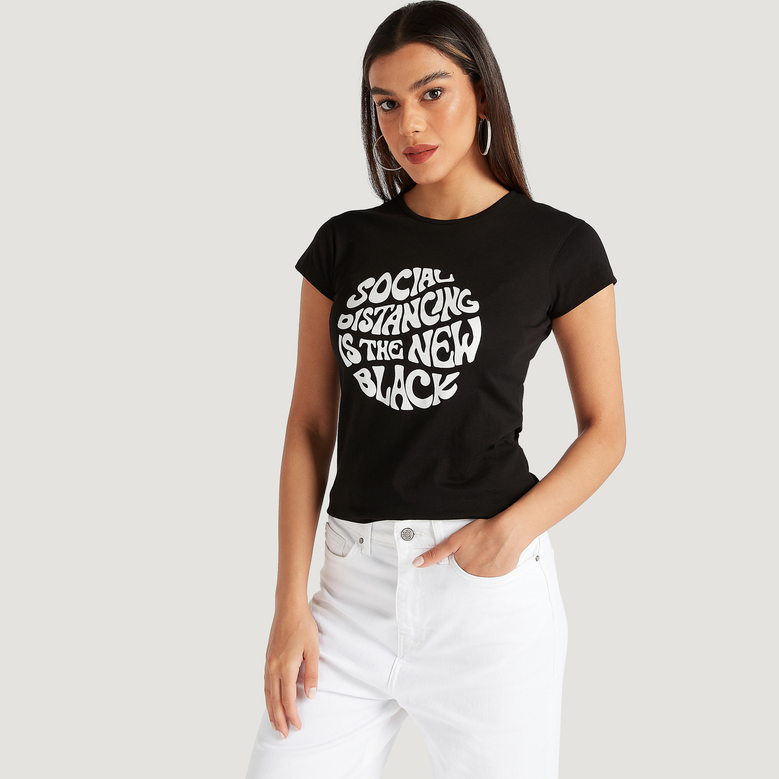 Printed Crew Neck T-shirt with Cap Sleeves-women-clothing-tshirts-image-5