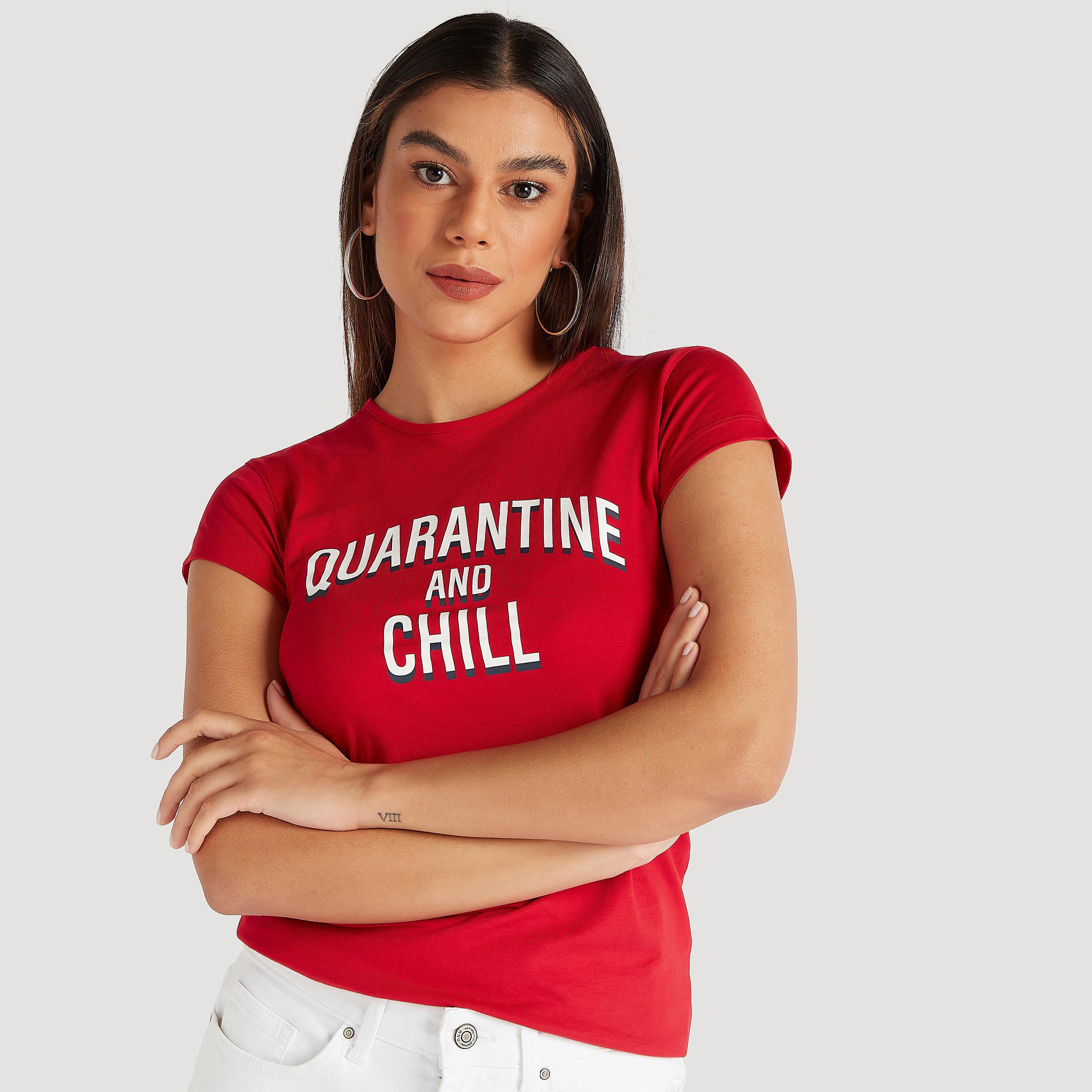 Printed Crew Neck T-shirt with Cap Sleeves-women-clothing-tshirts-image-1