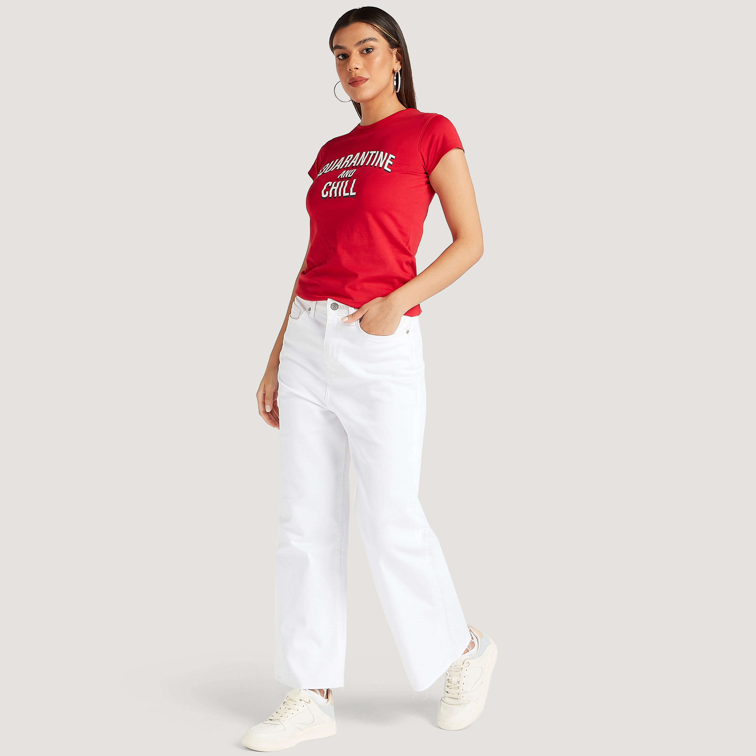 Printed Crew Neck T-shirt with Cap Sleeves-women-clothing-tshirts-image-2