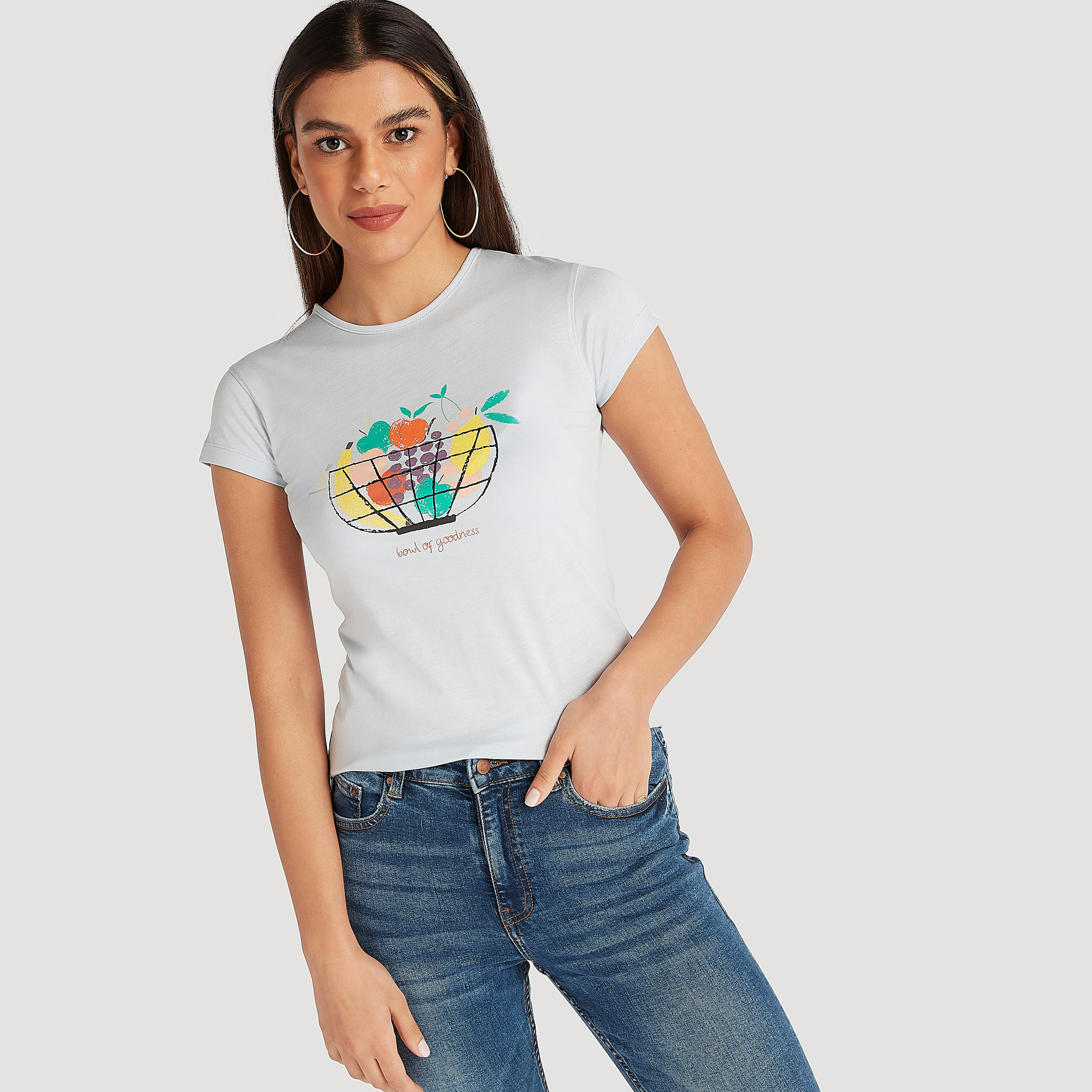 Printed Crew Neck T-shirt with Cap Sleeves-women-clothing-tshirts-image-1