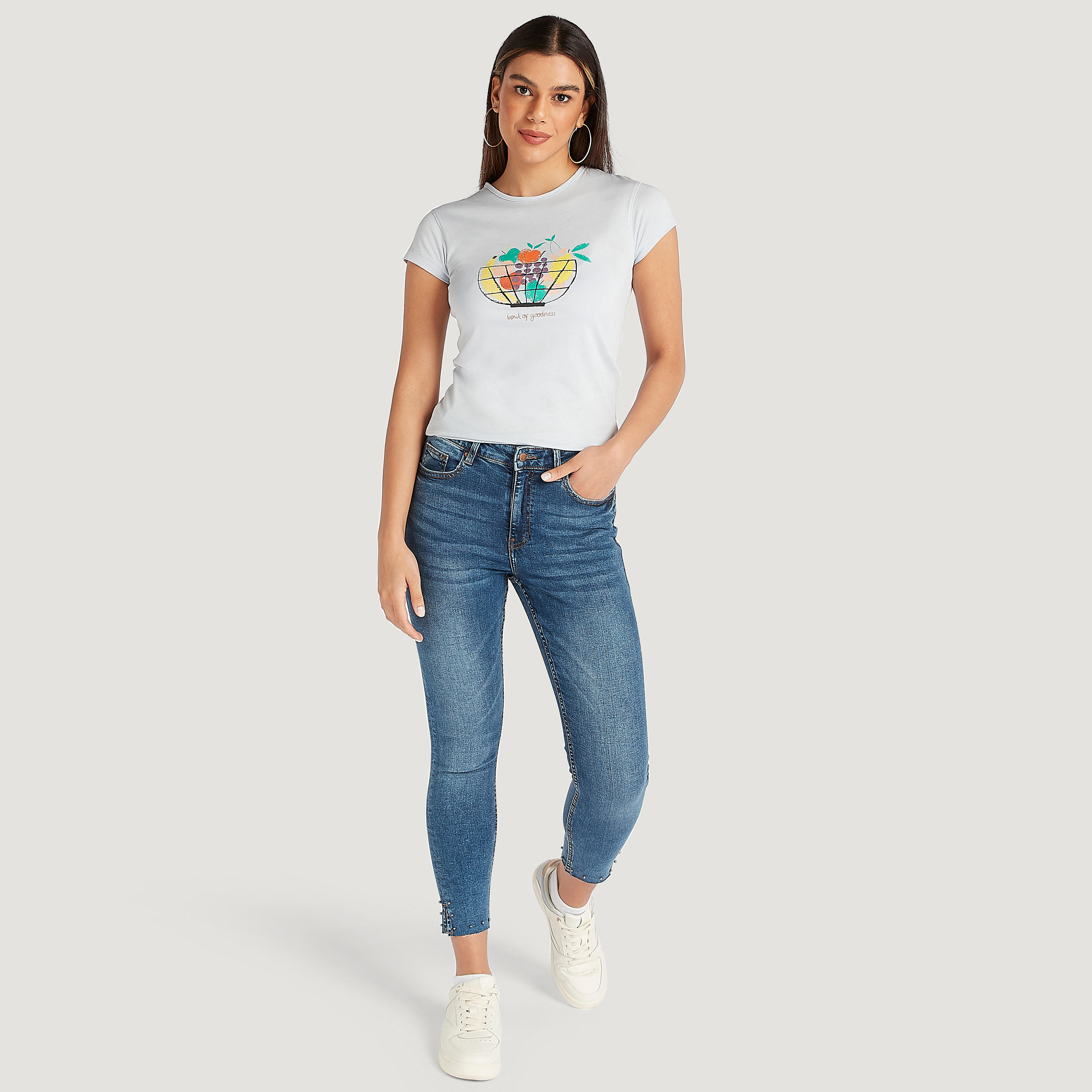 Printed Crew Neck T-shirt with Cap Sleeves-women-clothing-tshirts-image-2