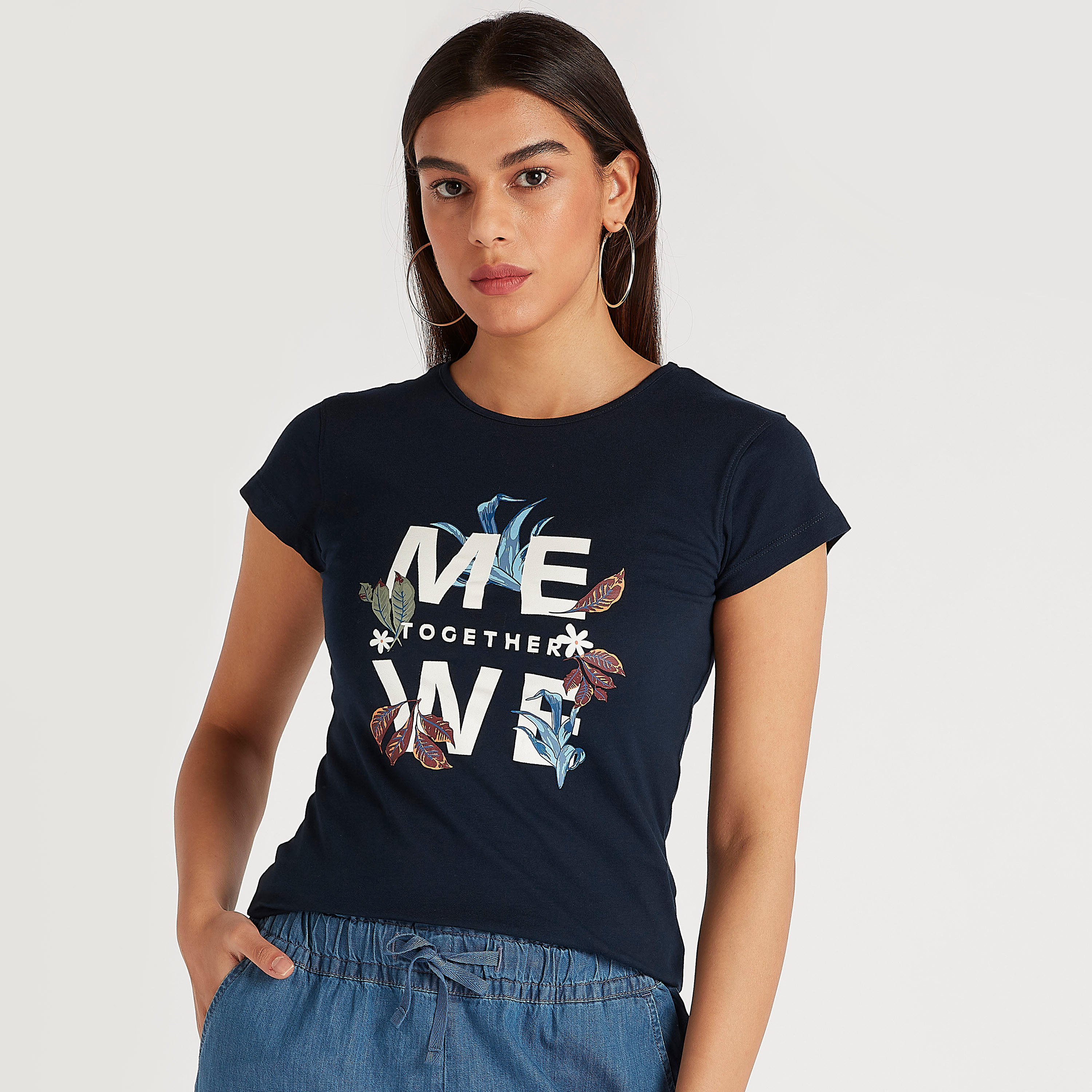Printed Crew Neck T-shirt with Short Sleeves-women-clothing-tshirts-image-1
