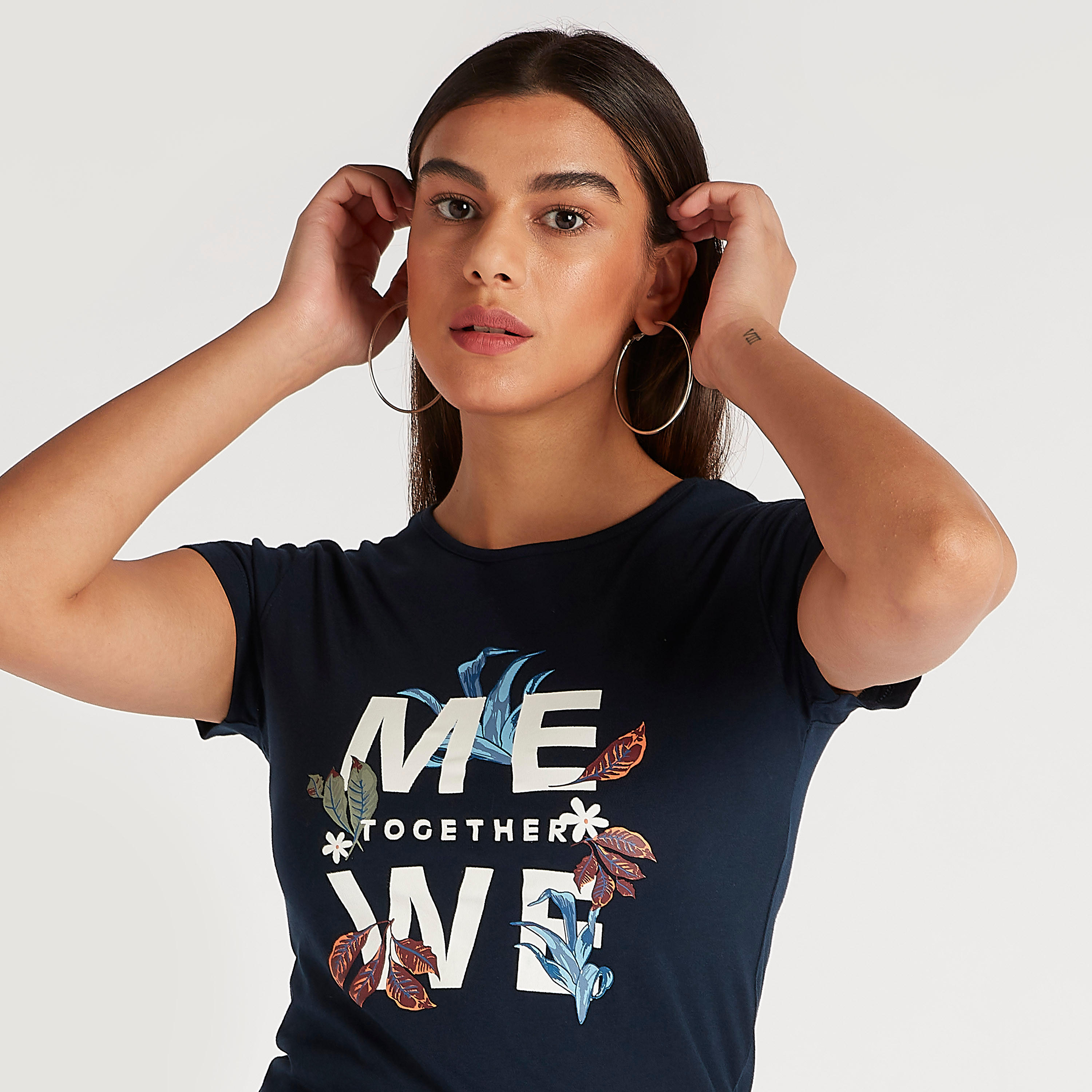 Printed Crew Neck T-shirt with Short Sleeves-women-clothing-tshirts-image-3