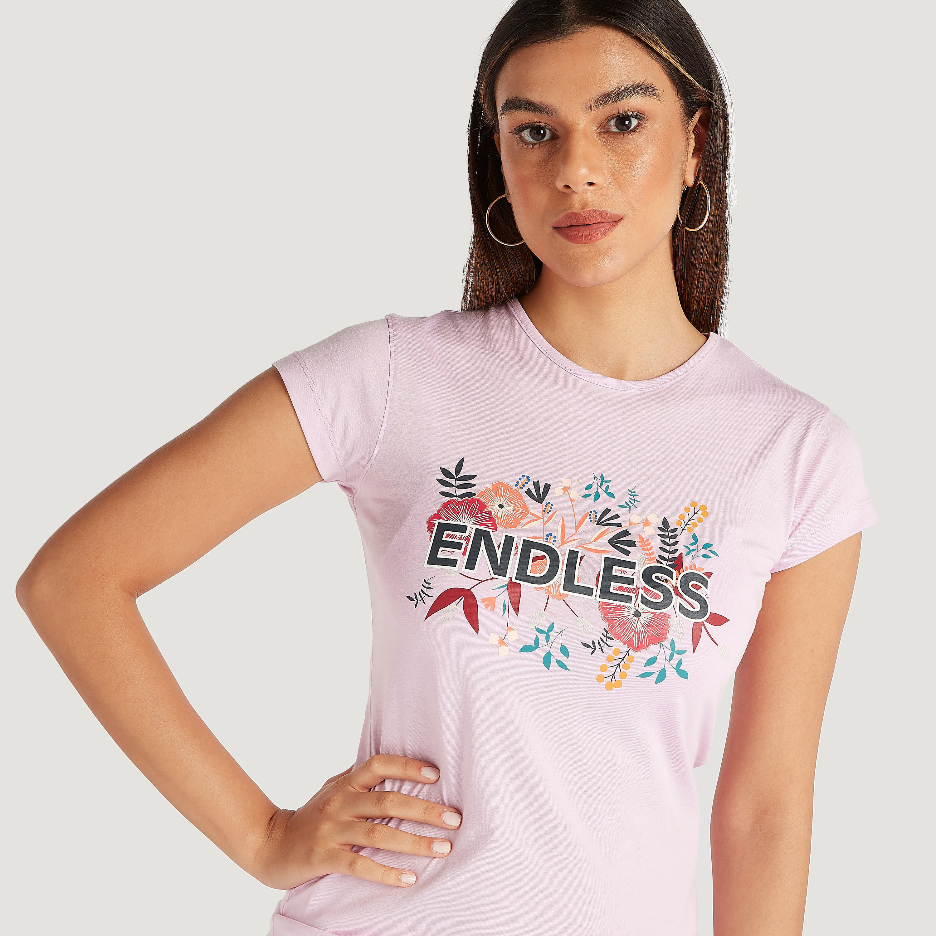 Printed Crew Neck T-shirt with Cap Sleeves-women-clothing-tshirts-image-1