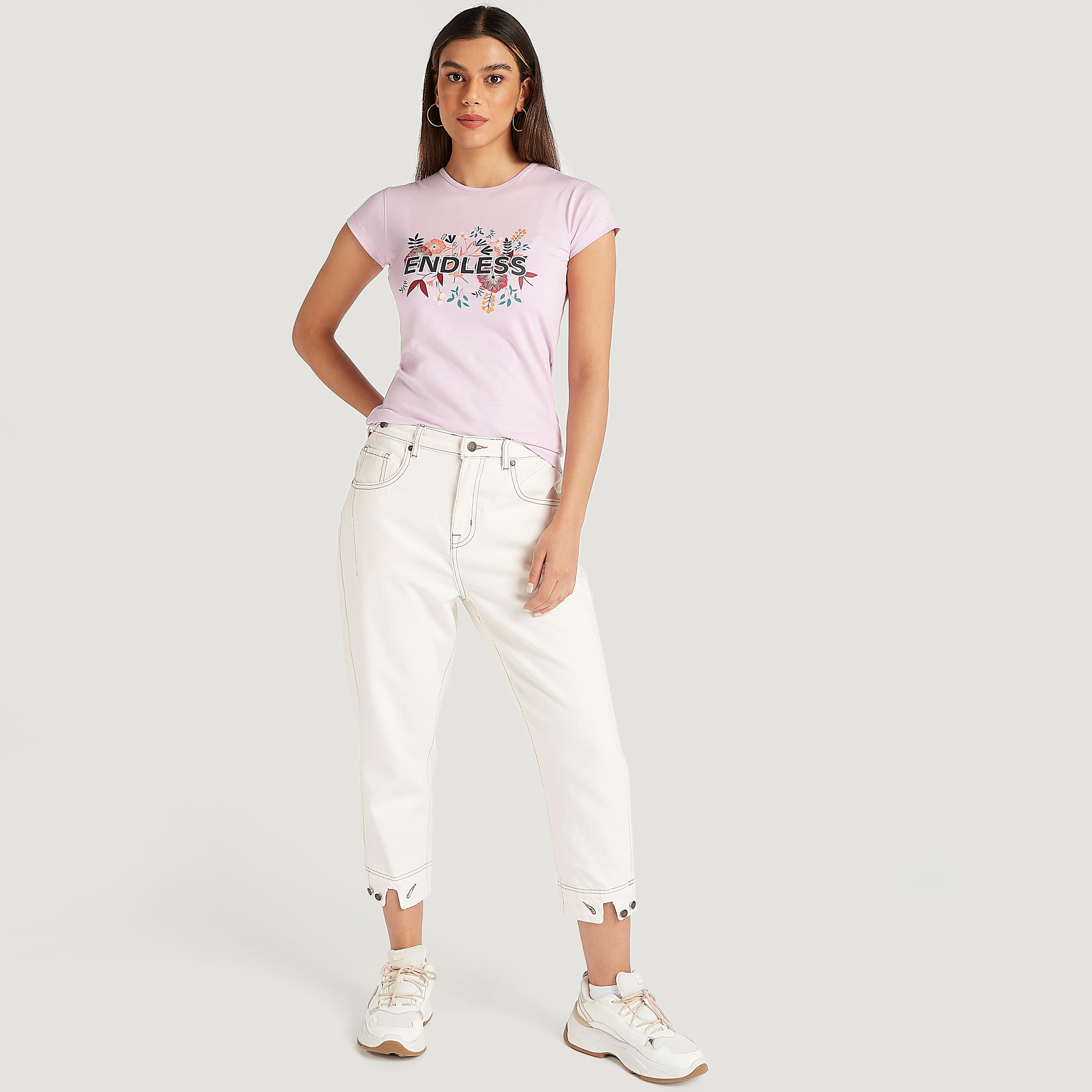 Printed Crew Neck T-shirt with Cap Sleeves-women-clothing-tshirts-image-2