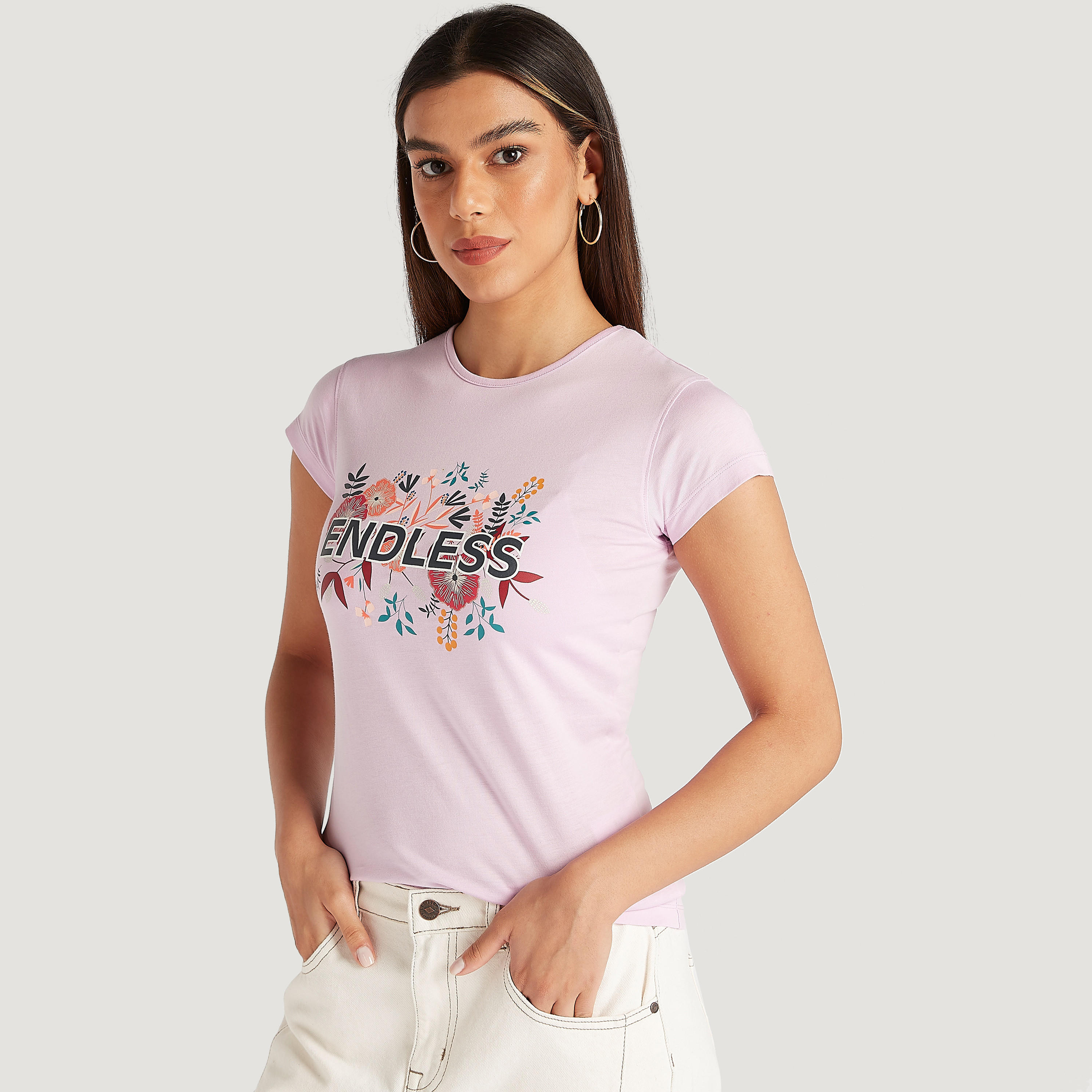 Printed Crew Neck T-shirt with Cap Sleeves-women-clothing-tshirts-image-3