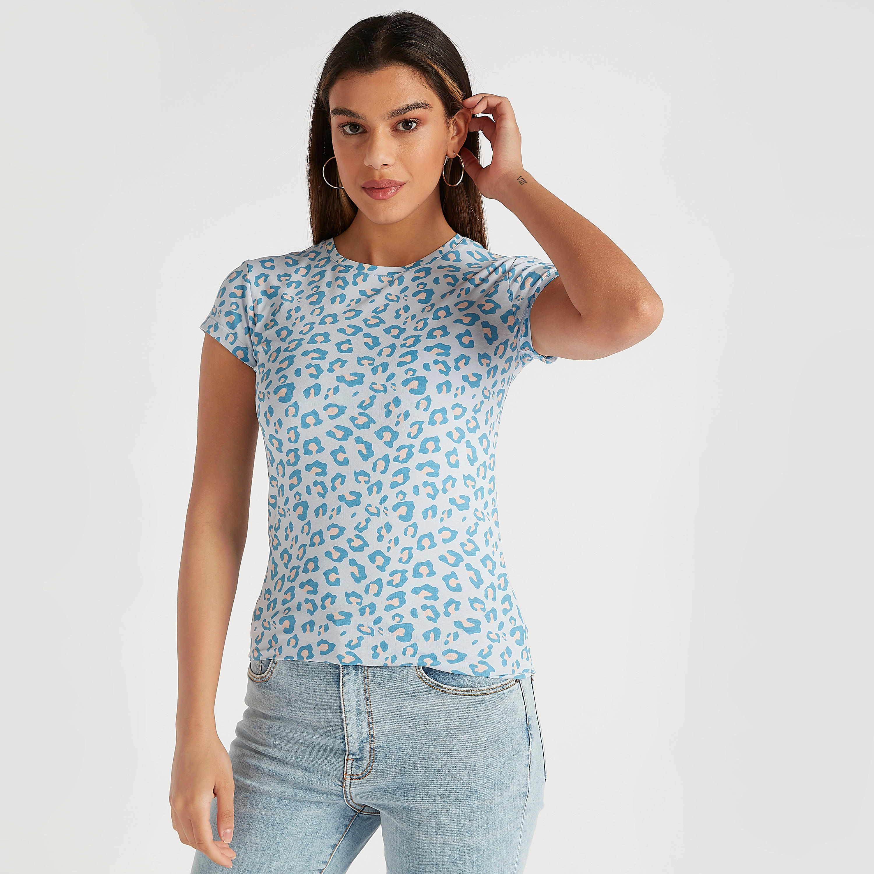 Leopard Print T-shirt with Crew Neck and Short Sleeves-women-clothing-tshirts-image-1