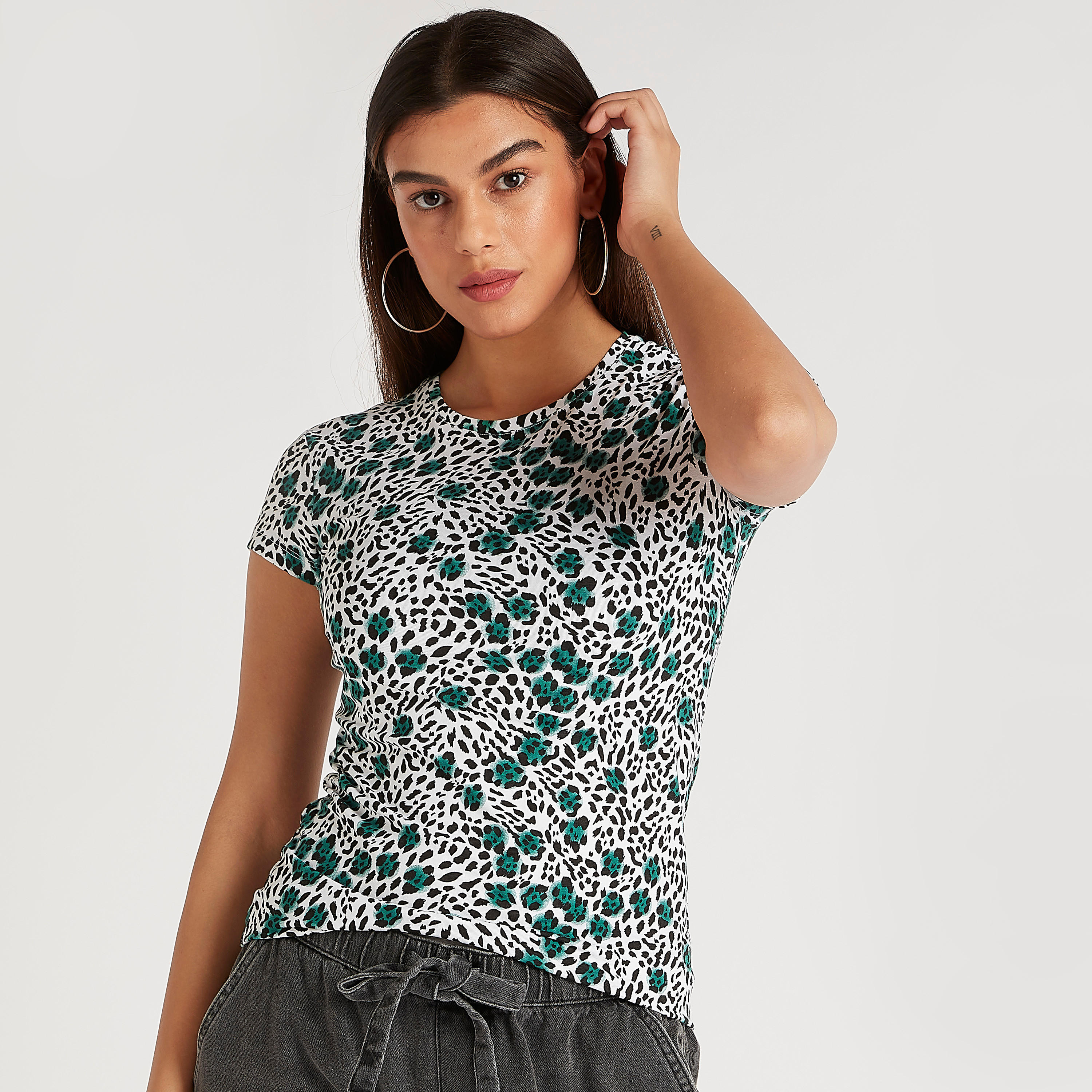 Leopard Print T-shirt with Crew Neck and Cap Sleeves-women-clothing-tshirts-image-1