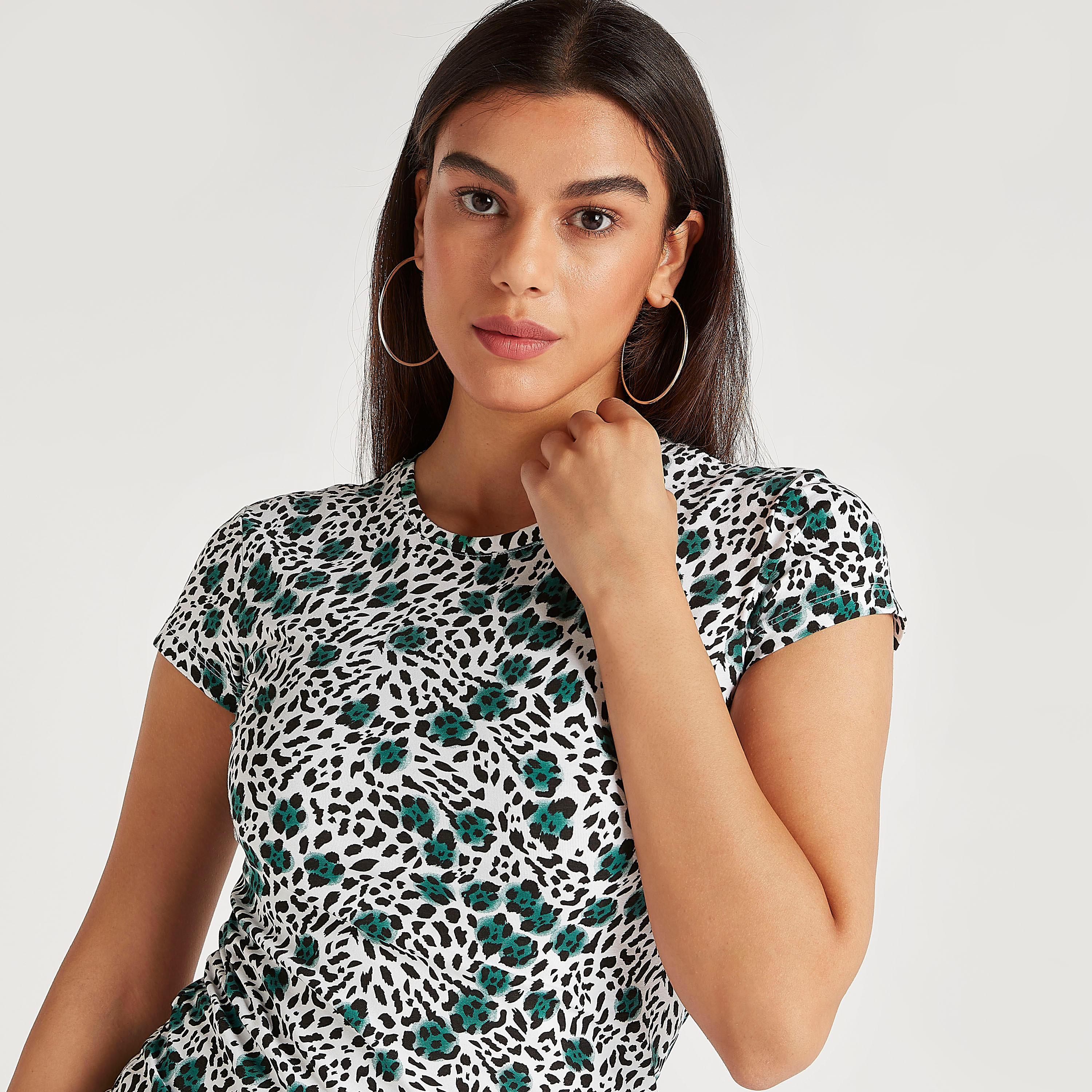 Leopard Print T-shirt with Crew Neck and Cap Sleeves-women-clothing-tshirts-image-3