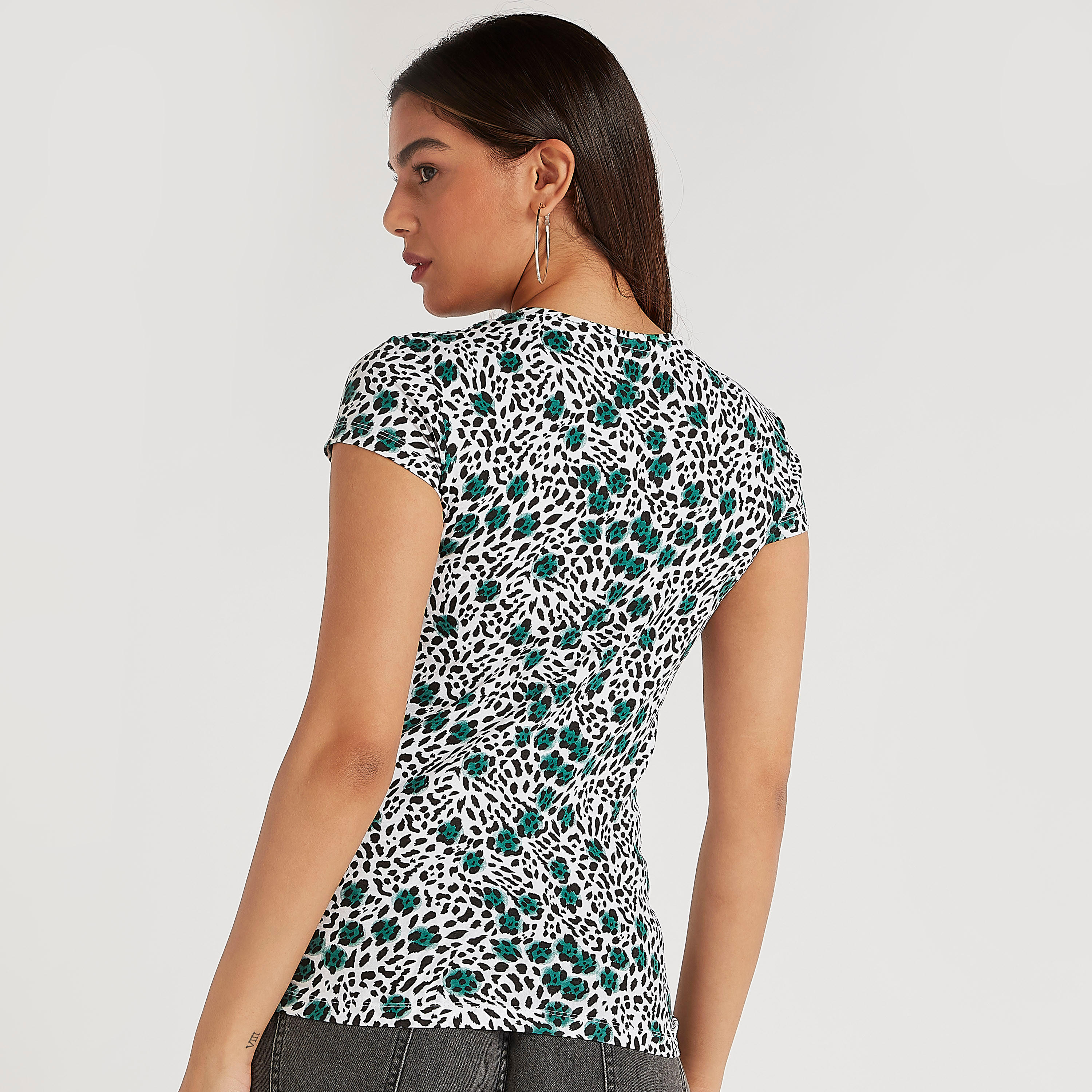 Leopard Print T-shirt with Crew Neck and Cap Sleeves-women-clothing-tshirts-image-4
