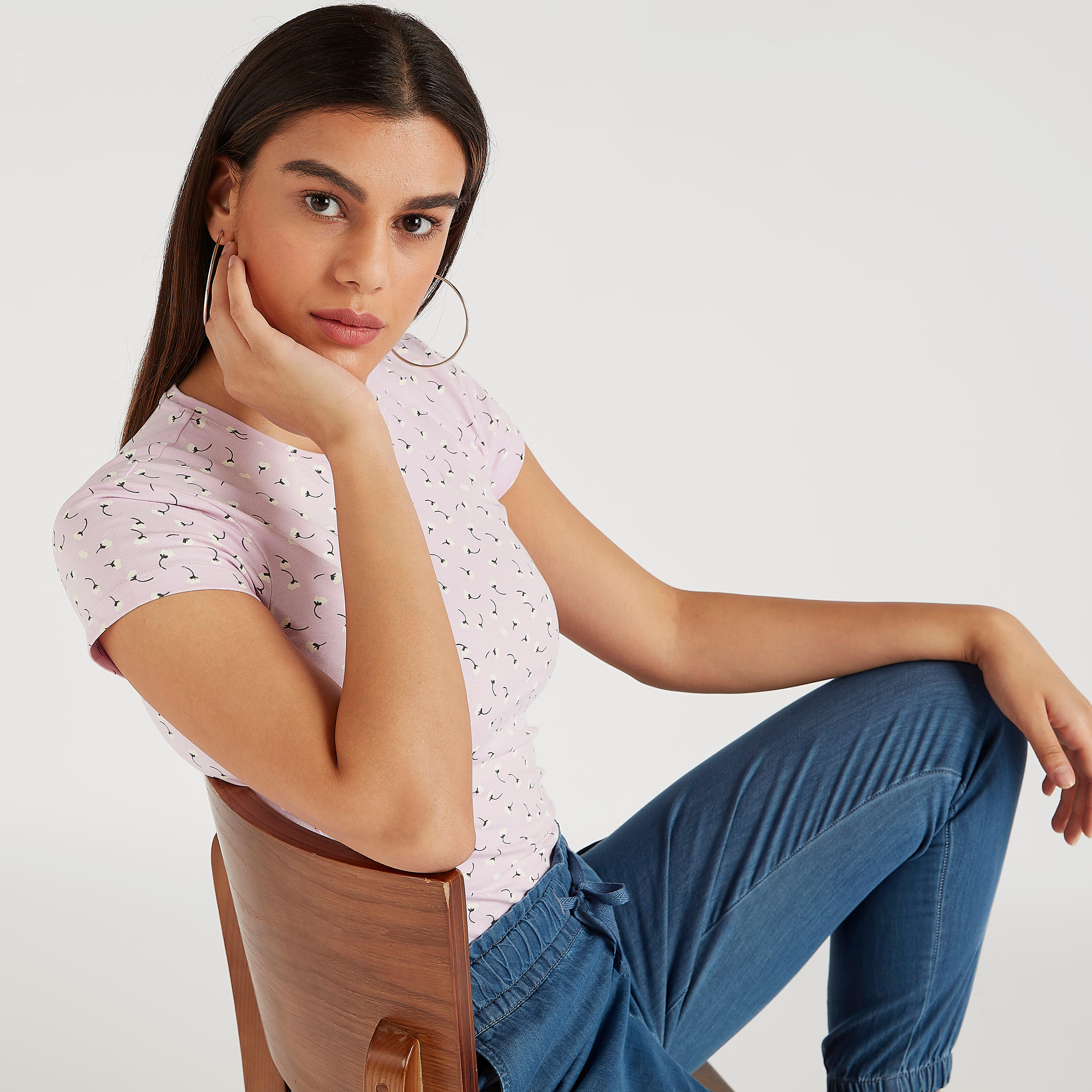 Printed Crew Neck T-shirt with Cap Sleeves-women-clothing-tshirts-image-1