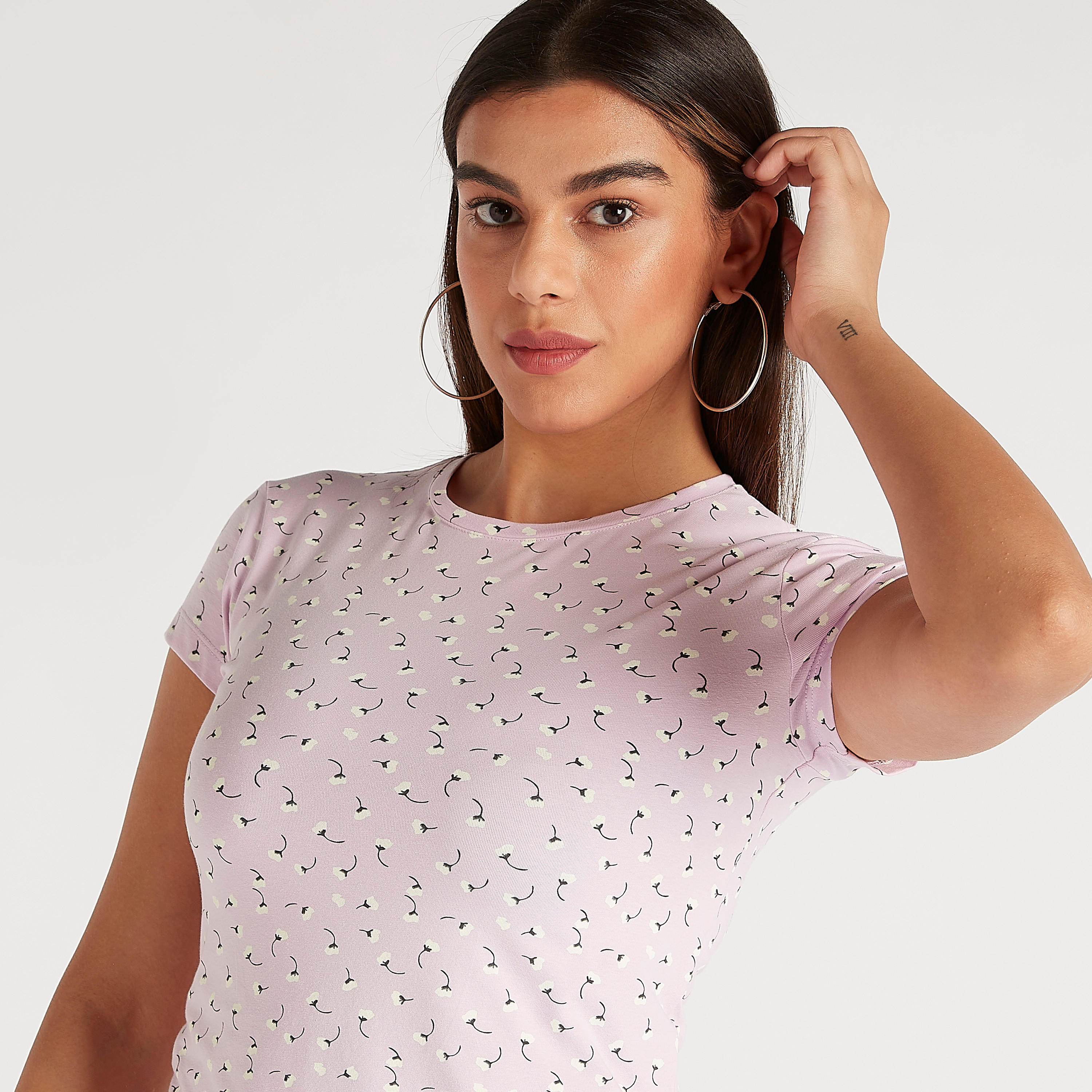 Printed Crew Neck T-shirt with Cap Sleeves-women-clothing-tshirts-image-3