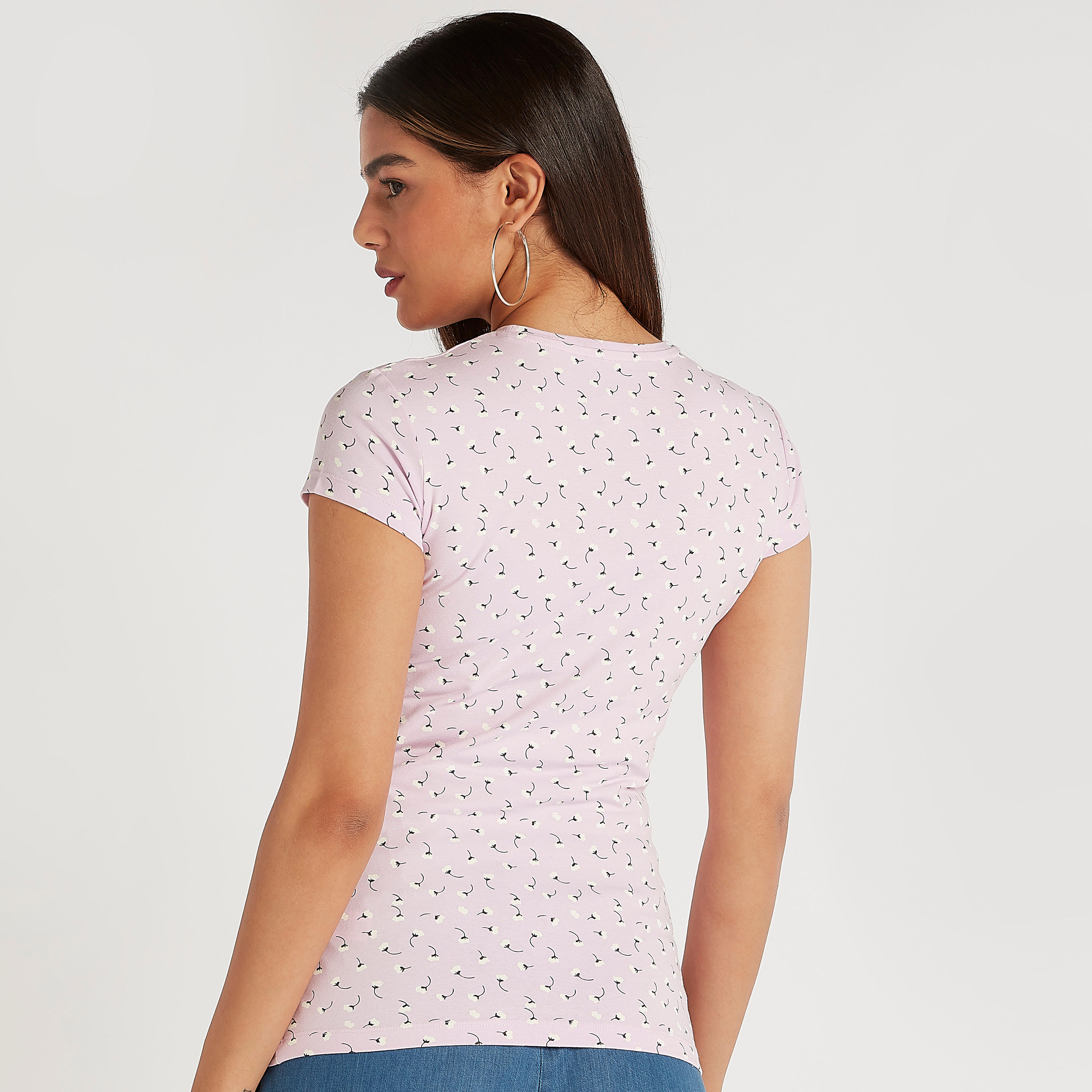 Printed Crew Neck T-shirt with Cap Sleeves-women-clothing-tshirts-image-4