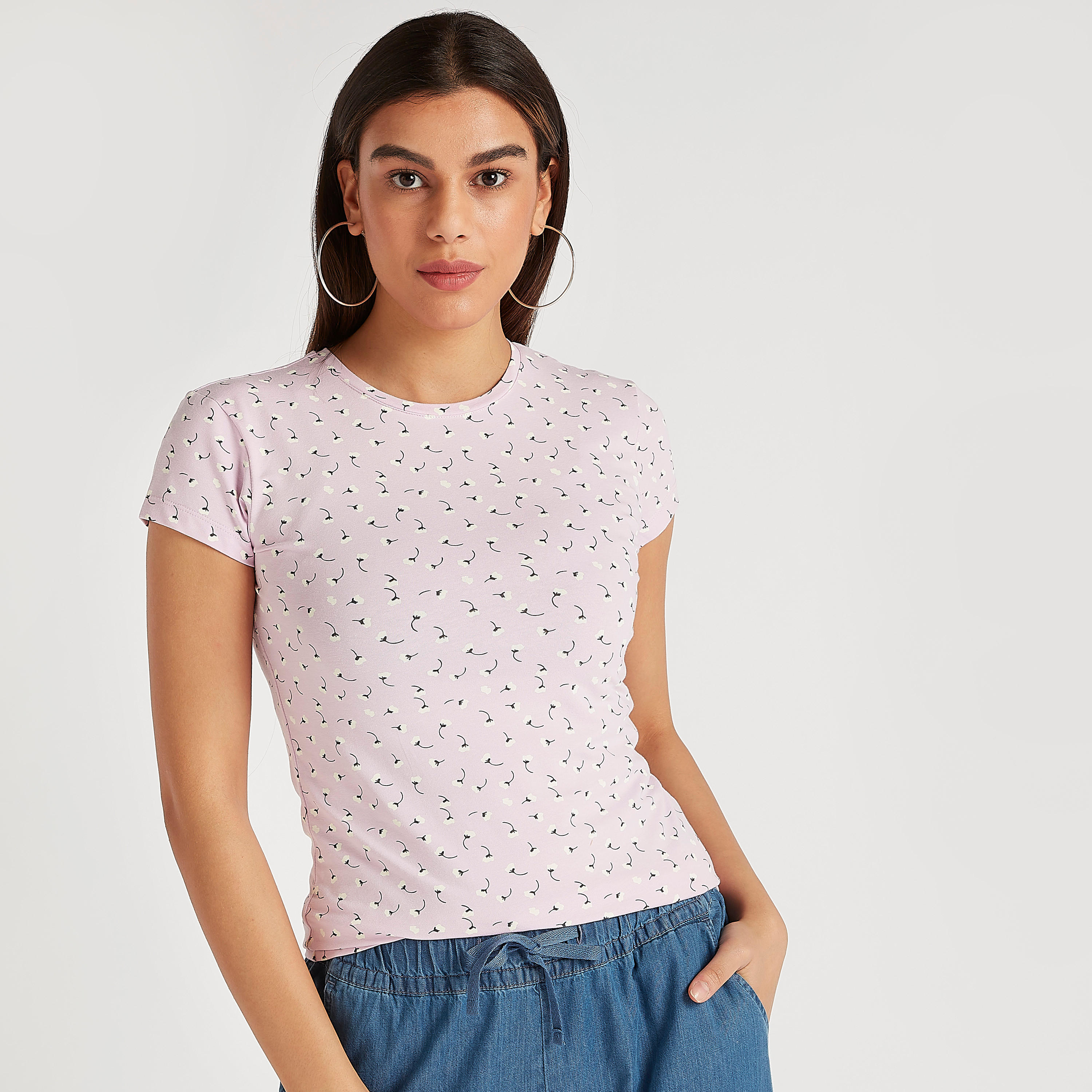 Printed Crew Neck T-shirt with Cap Sleeves-women-clothing-tshirts-image-5