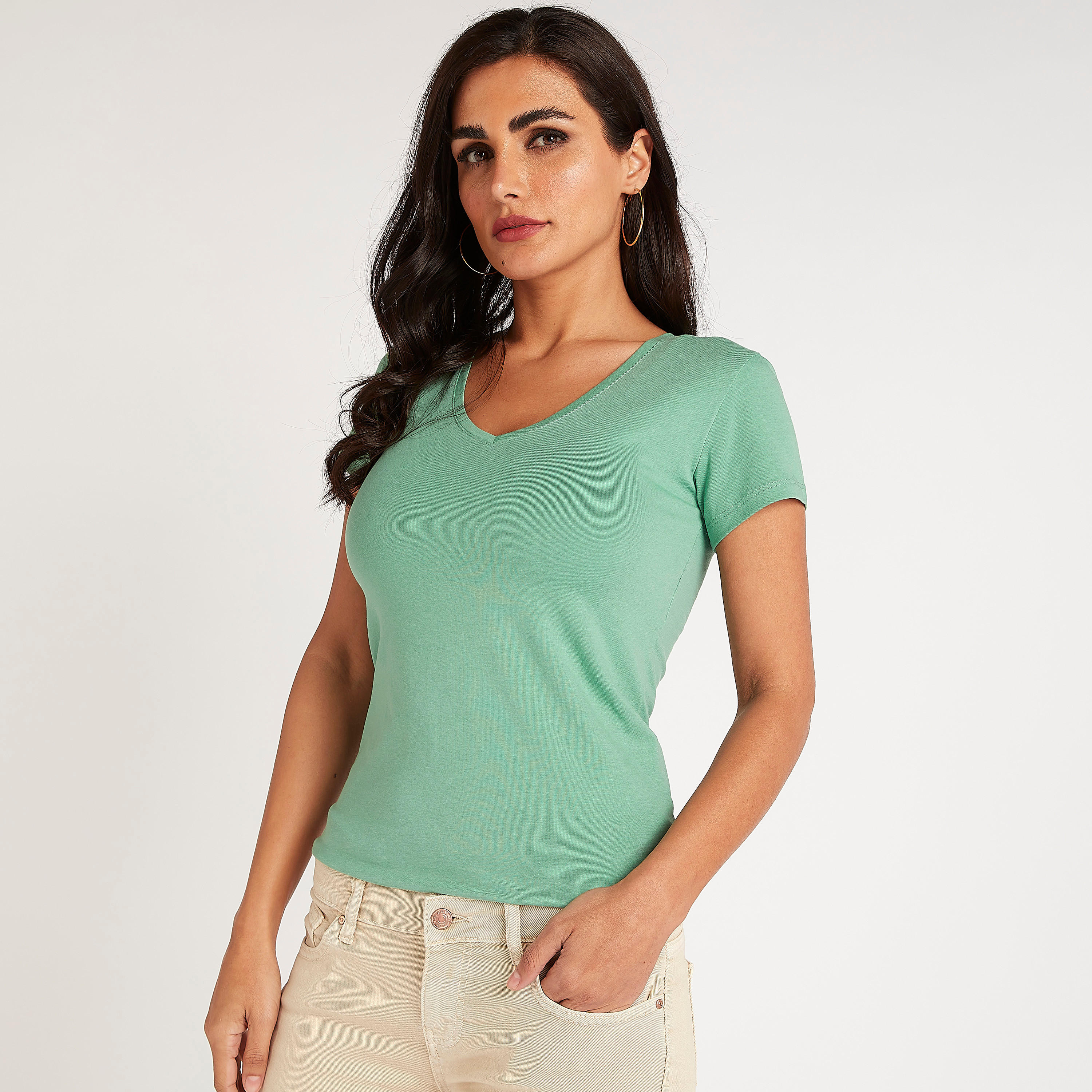تيشيرت سادة بياقة V وأكمام قصيرة-women-clothing-tshirts-image-3