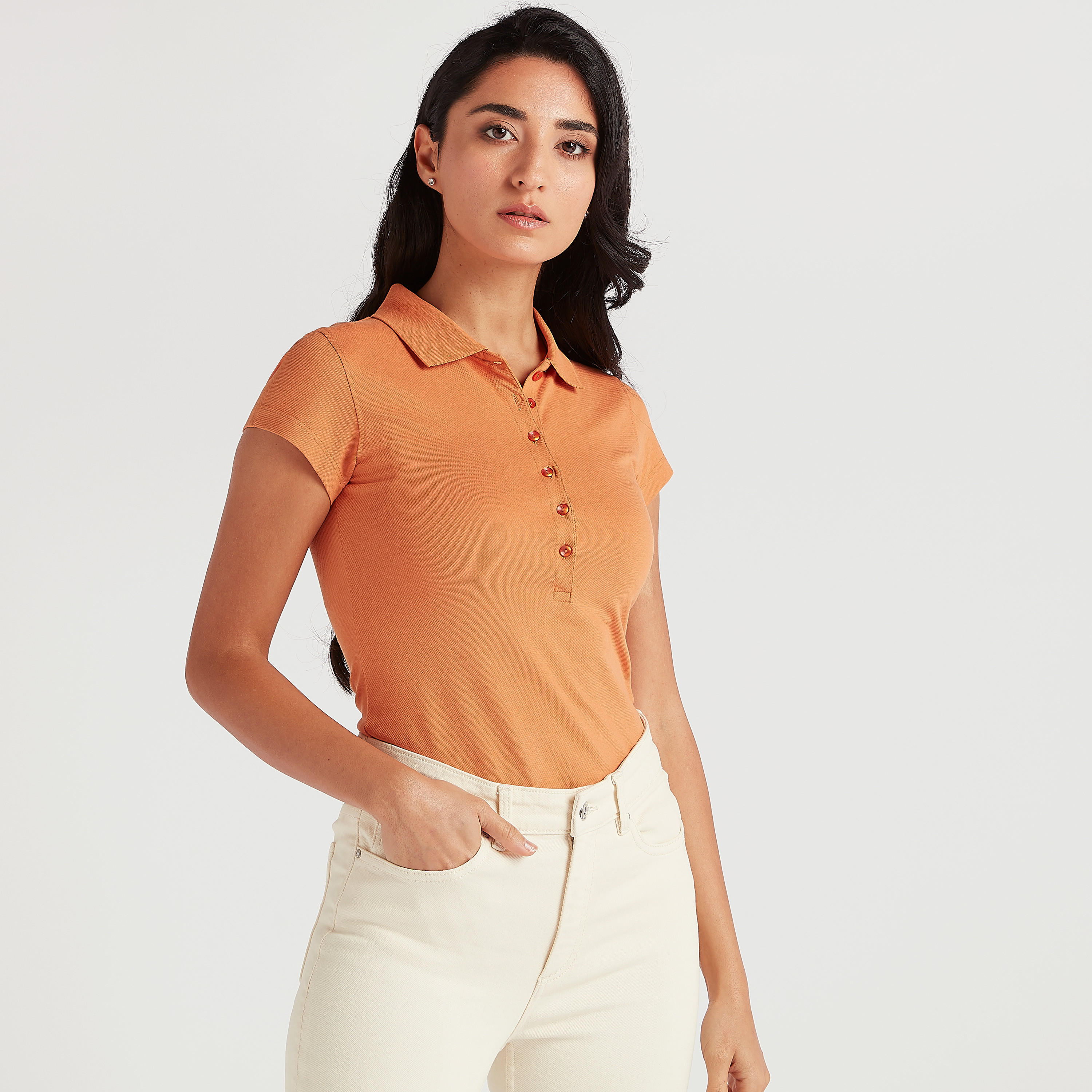 تيشيرت بولو سادة بأكمام كاب-women-clothing-tshirts-image-4