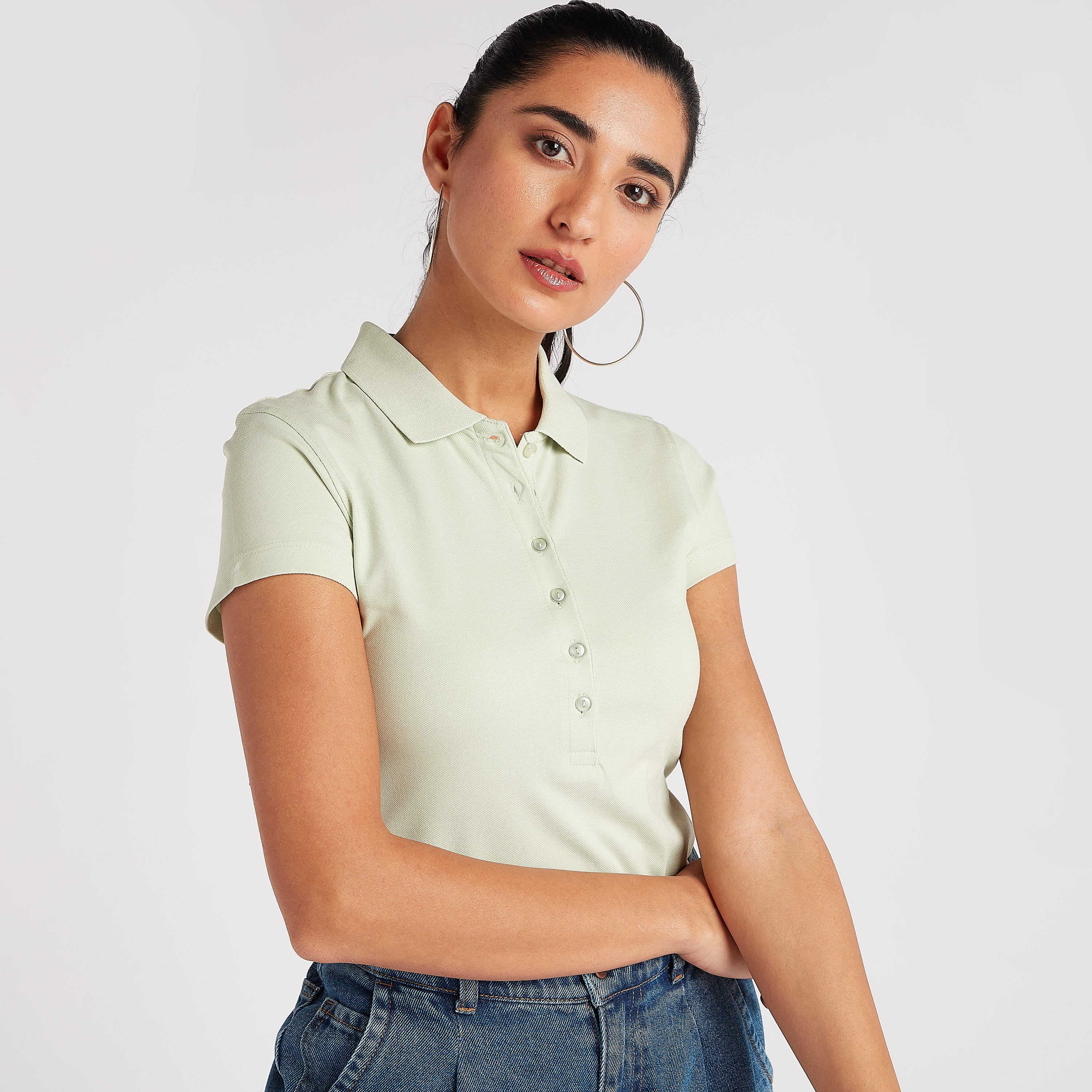 تيشيرت بولو سادة بأكمام كاب-women-clothing-tshirts-image-1