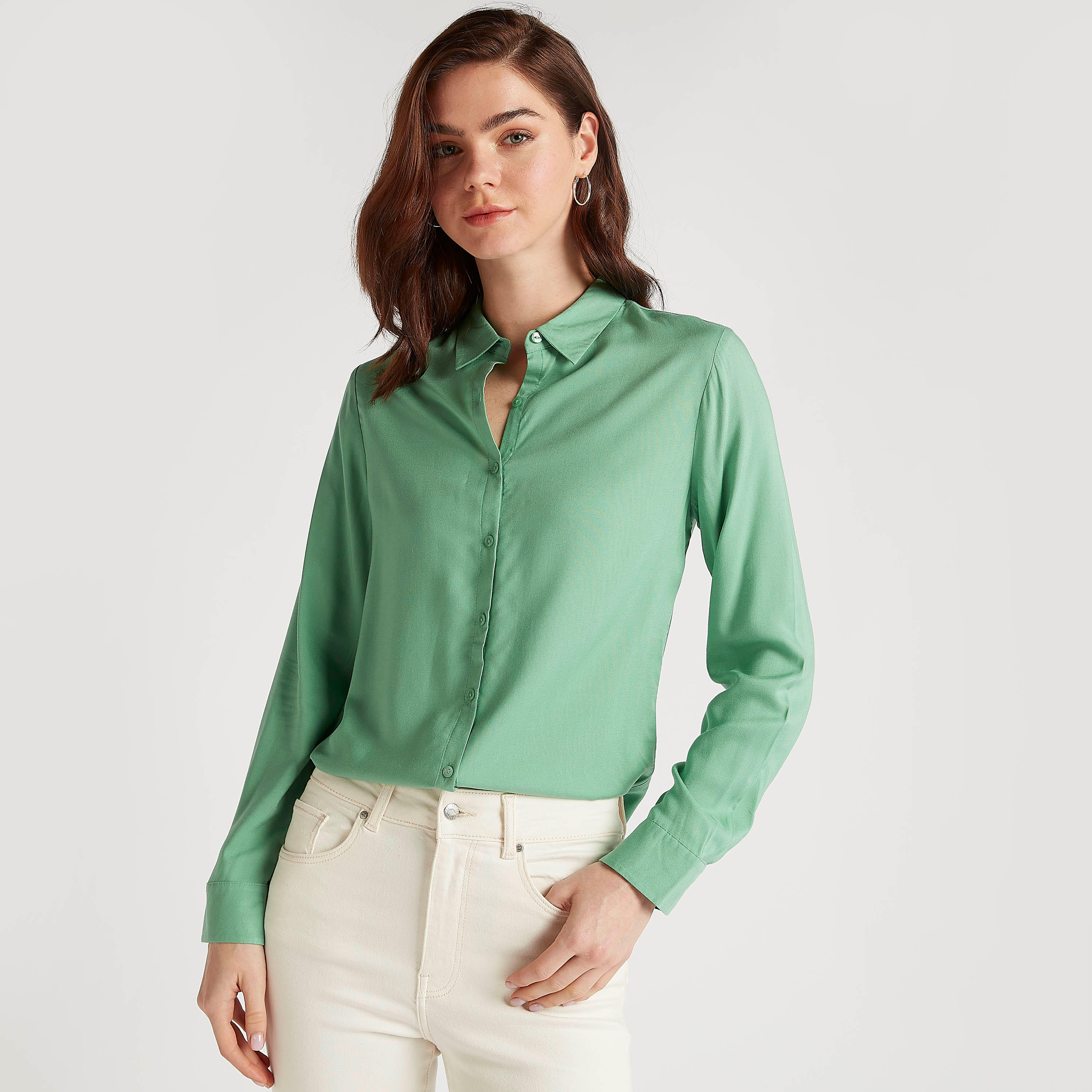 Solid Button Up Shirt with Long Sleeves-women-clothing-shirtsandblouses-shirts-image-1