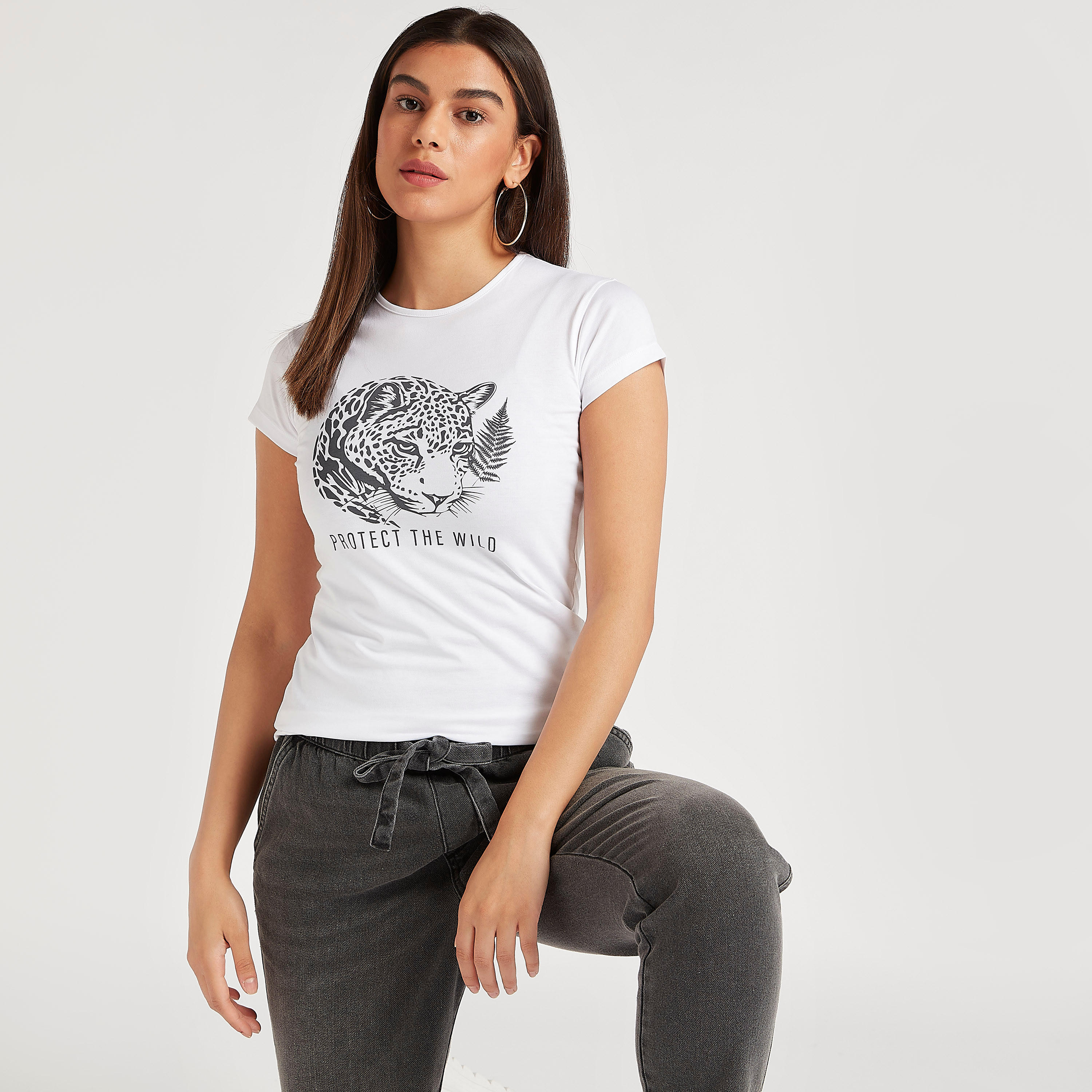 Printed Crew Neck T-shirt with Cap Sleeves-women-clothing-tshirts-image-1