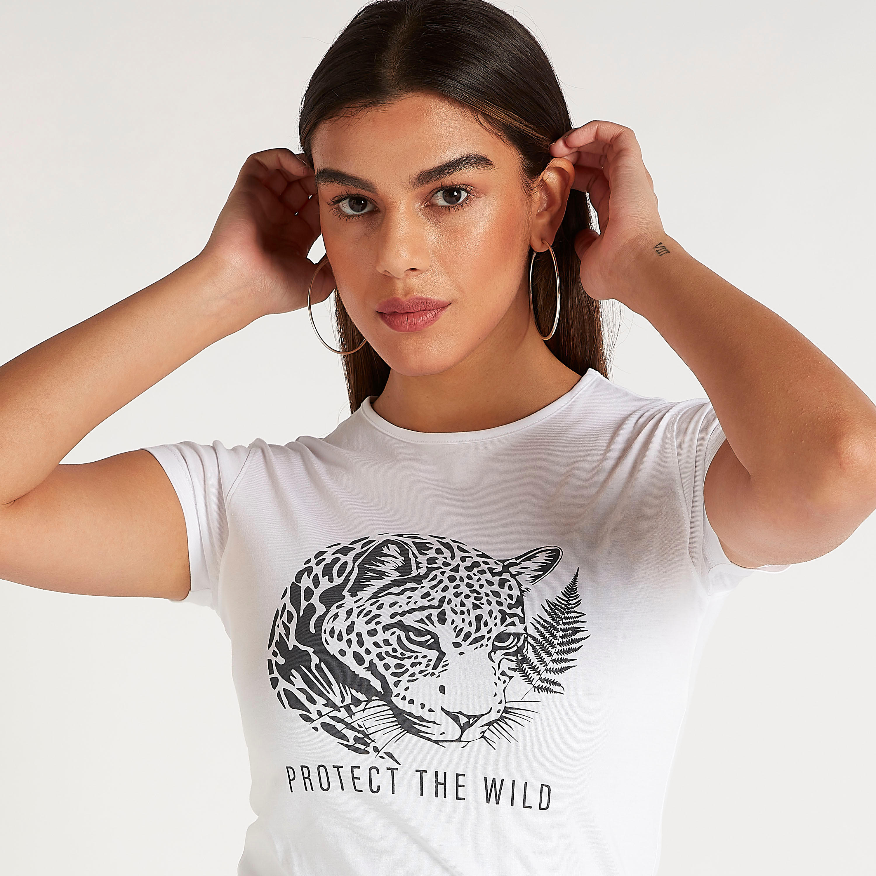 Printed Crew Neck T-shirt with Cap Sleeves-women-clothing-tshirts-image-3