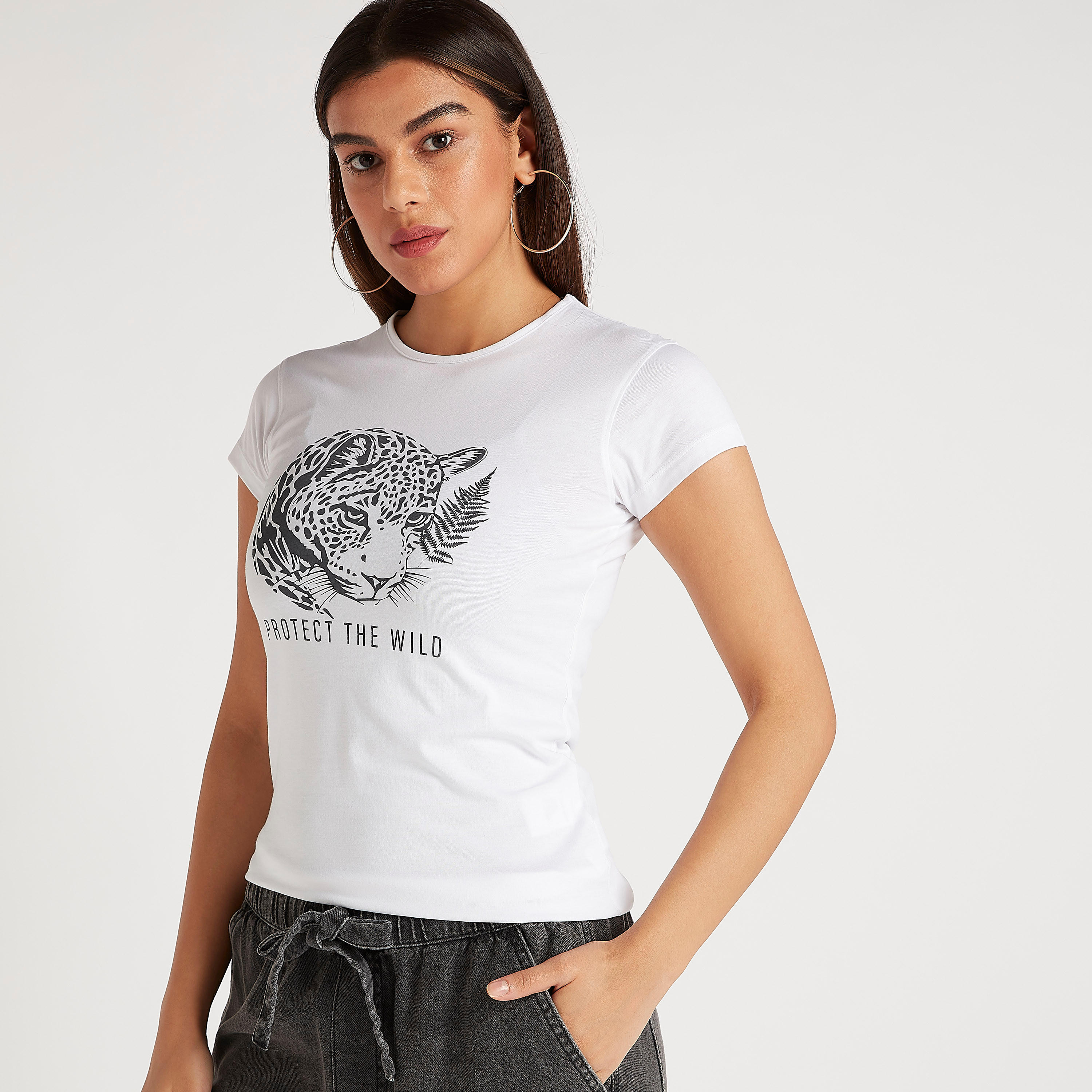Printed Crew Neck T-shirt with Cap Sleeves-women-clothing-tshirts-image-5