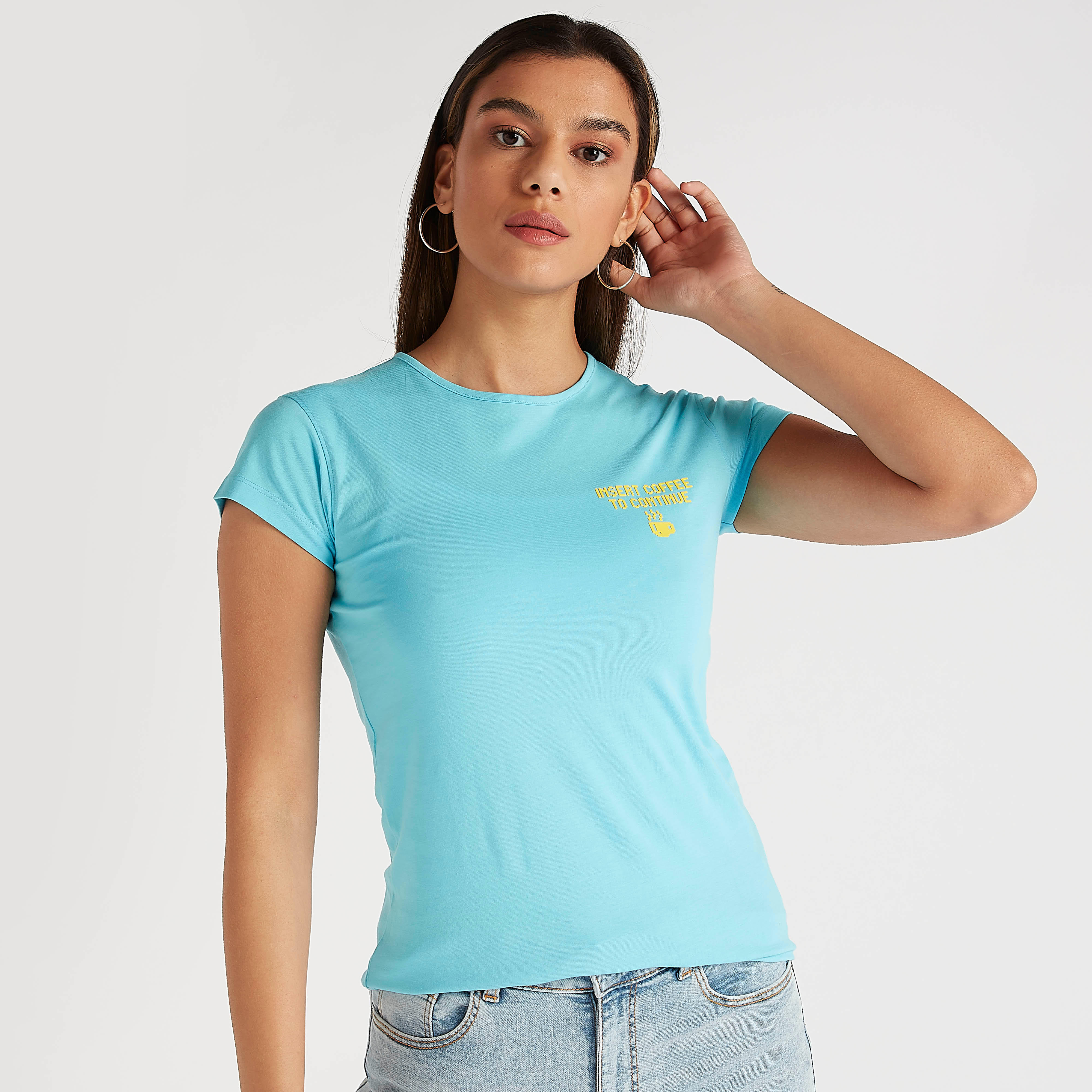 Printed T-shirt with Cap Sleeves and Crew Neck-women-clothing-tshirts-image-1