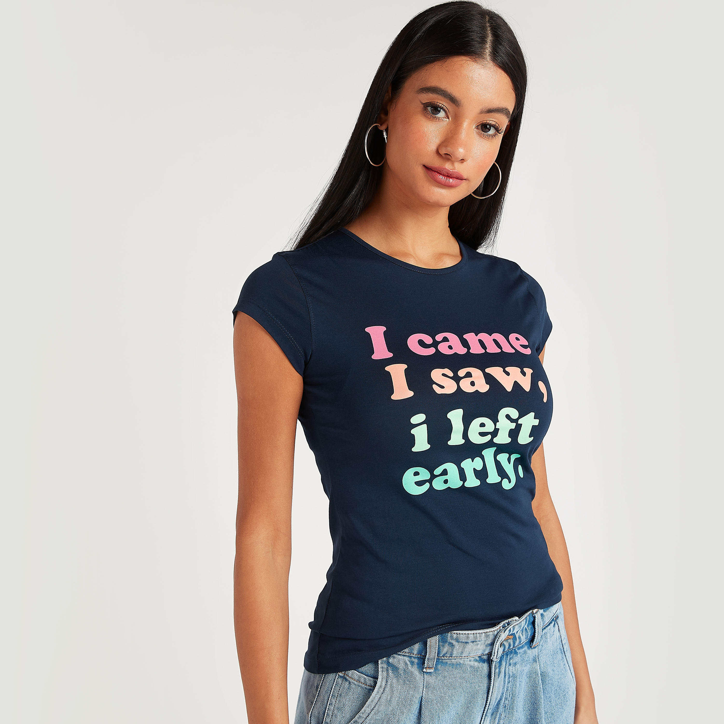 Printed Round Neck T-shirt with Short Sleeves-women-clothing-tshirts-image-1