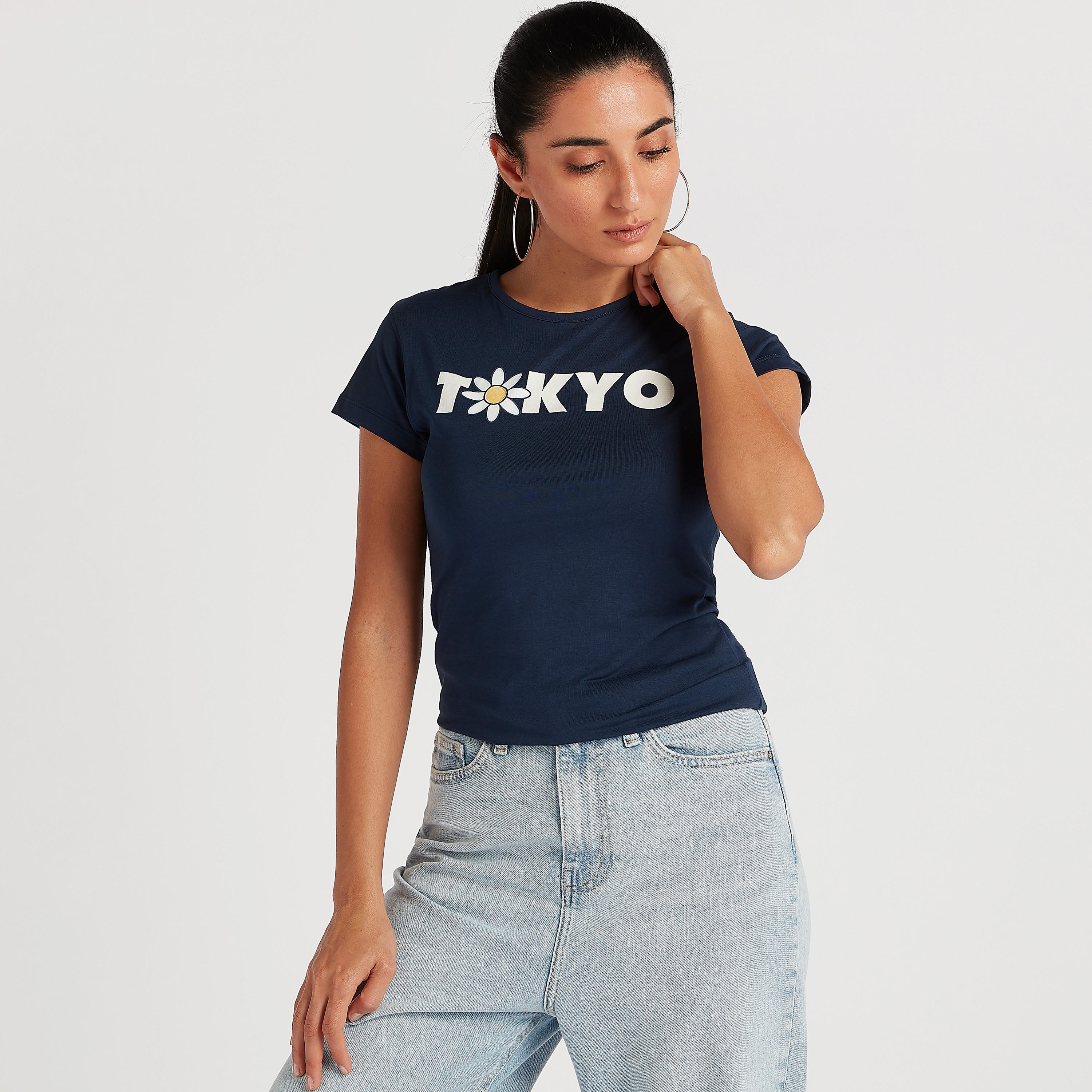 Printed T-shirt with Cap Sleeves and Crew Neck-women-clothing-tshirts-image-1