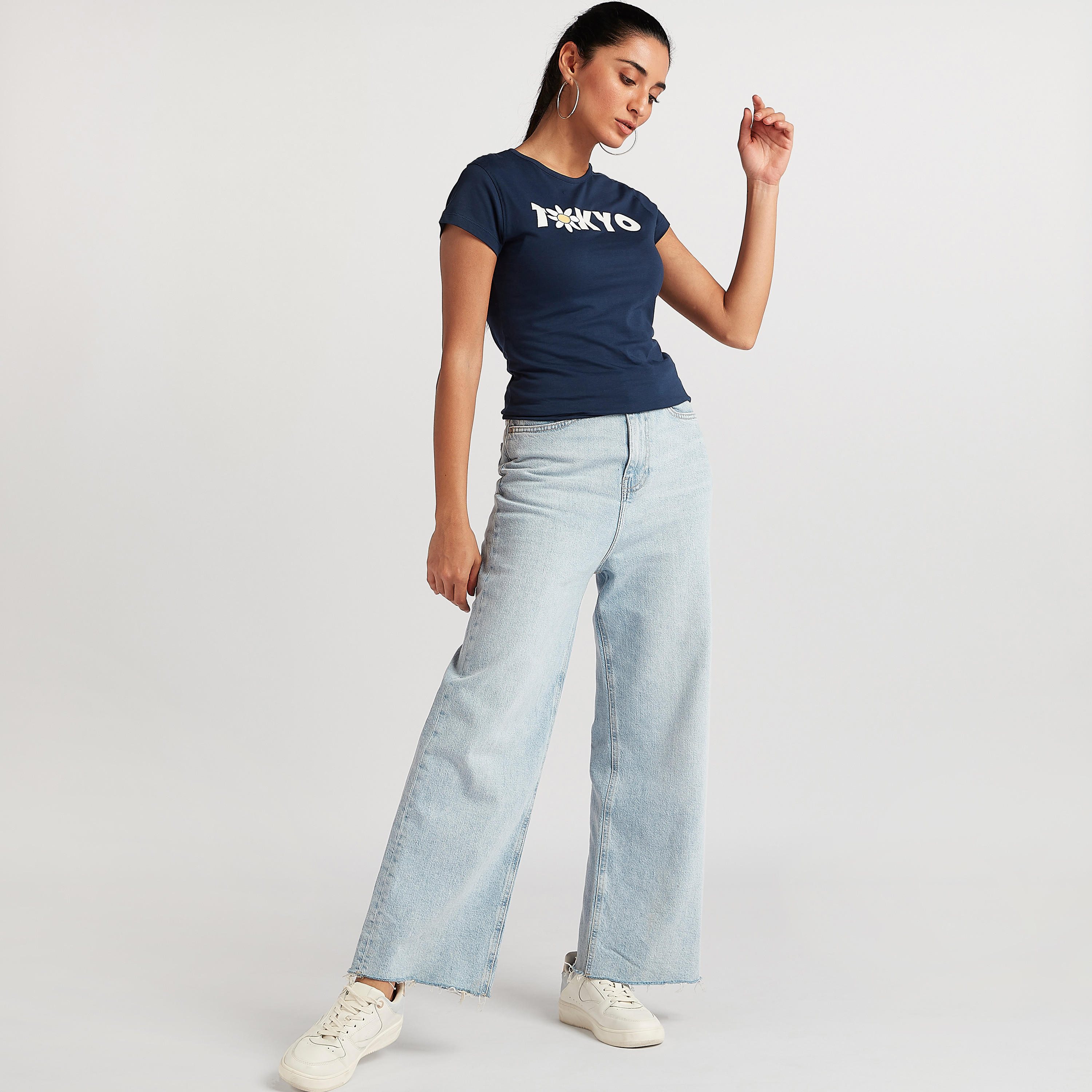Printed T-shirt with Cap Sleeves and Crew Neck-women-clothing-tshirts-image-2