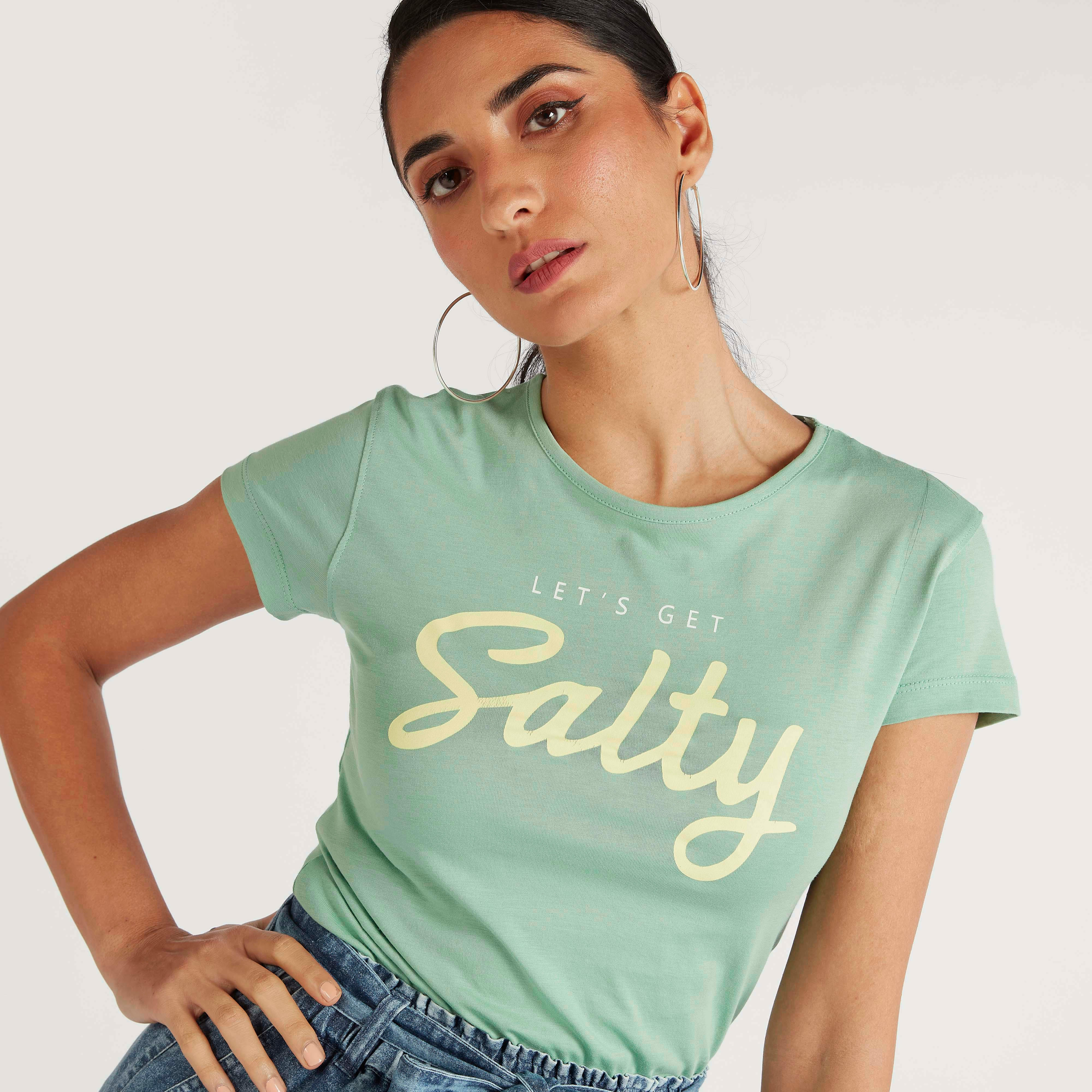 Printed Slim Fit Crew Neck T-shirt with Cap Sleeves-women-clothing-tshirts-image-1