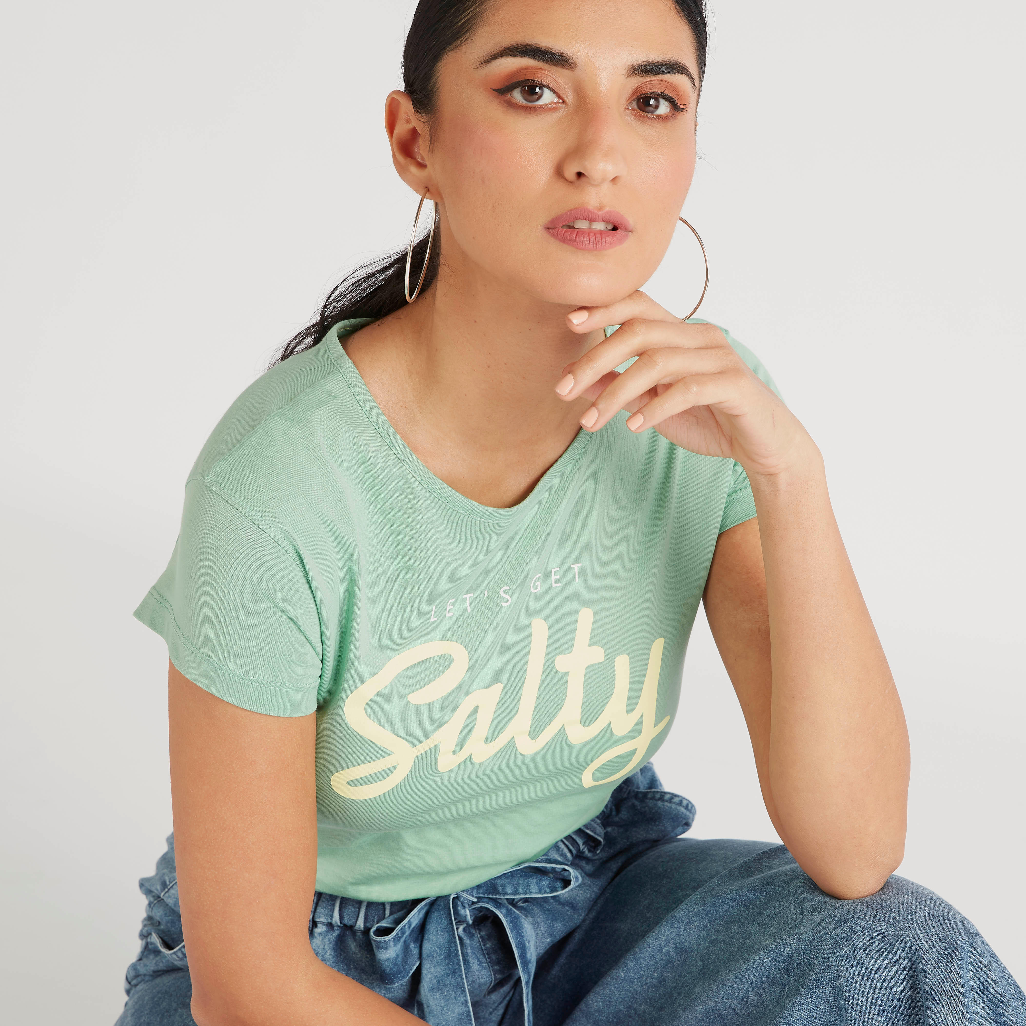 Printed Slim Fit Crew Neck T-shirt with Cap Sleeves-women-clothing-tshirts-image-3