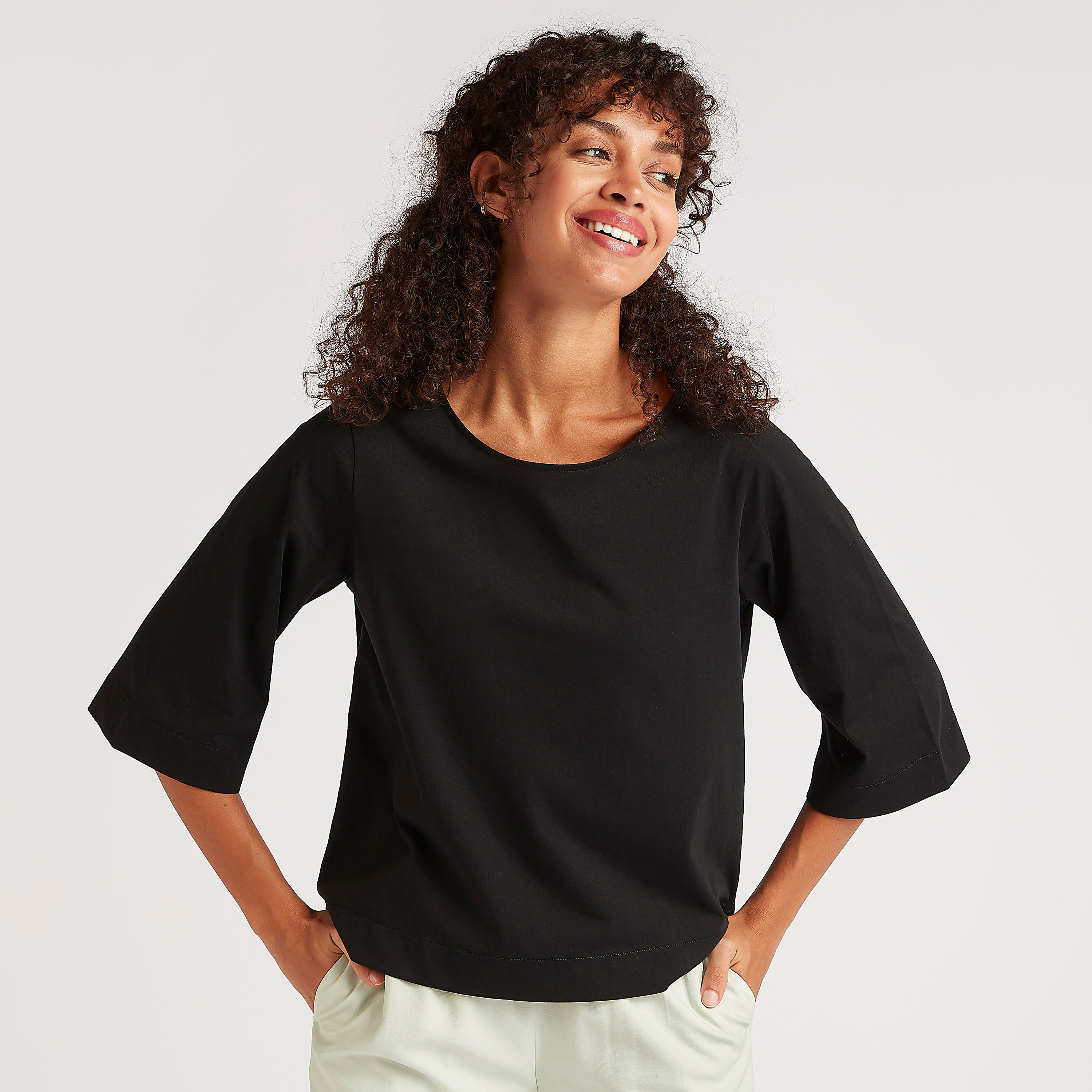 Solid T-shirt with 3/4 Sleeves and Round Neck-women-clothing-tshirts-image-1