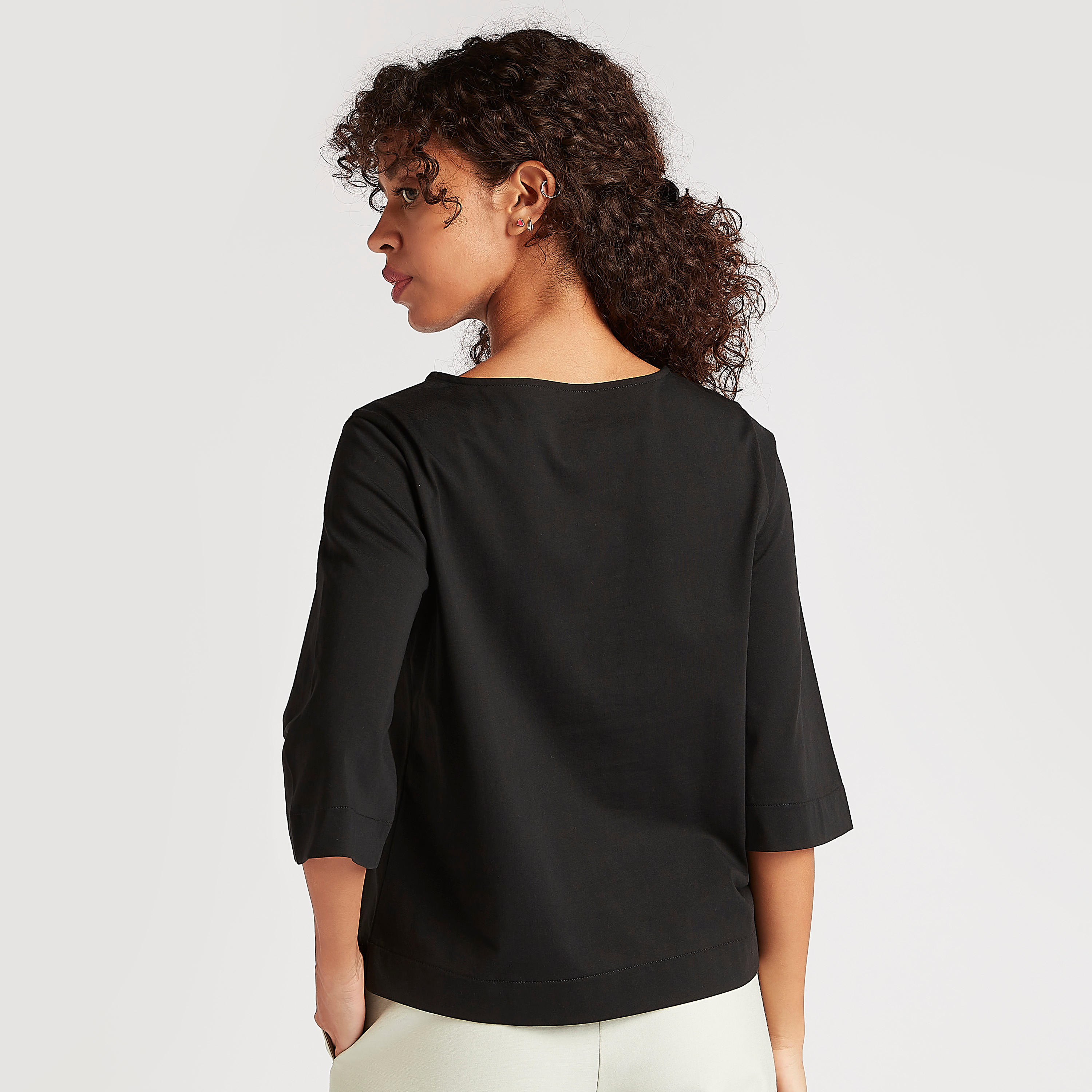 Solid T-shirt with 3/4 Sleeves and Round Neck-women-clothing-tshirts-image-4