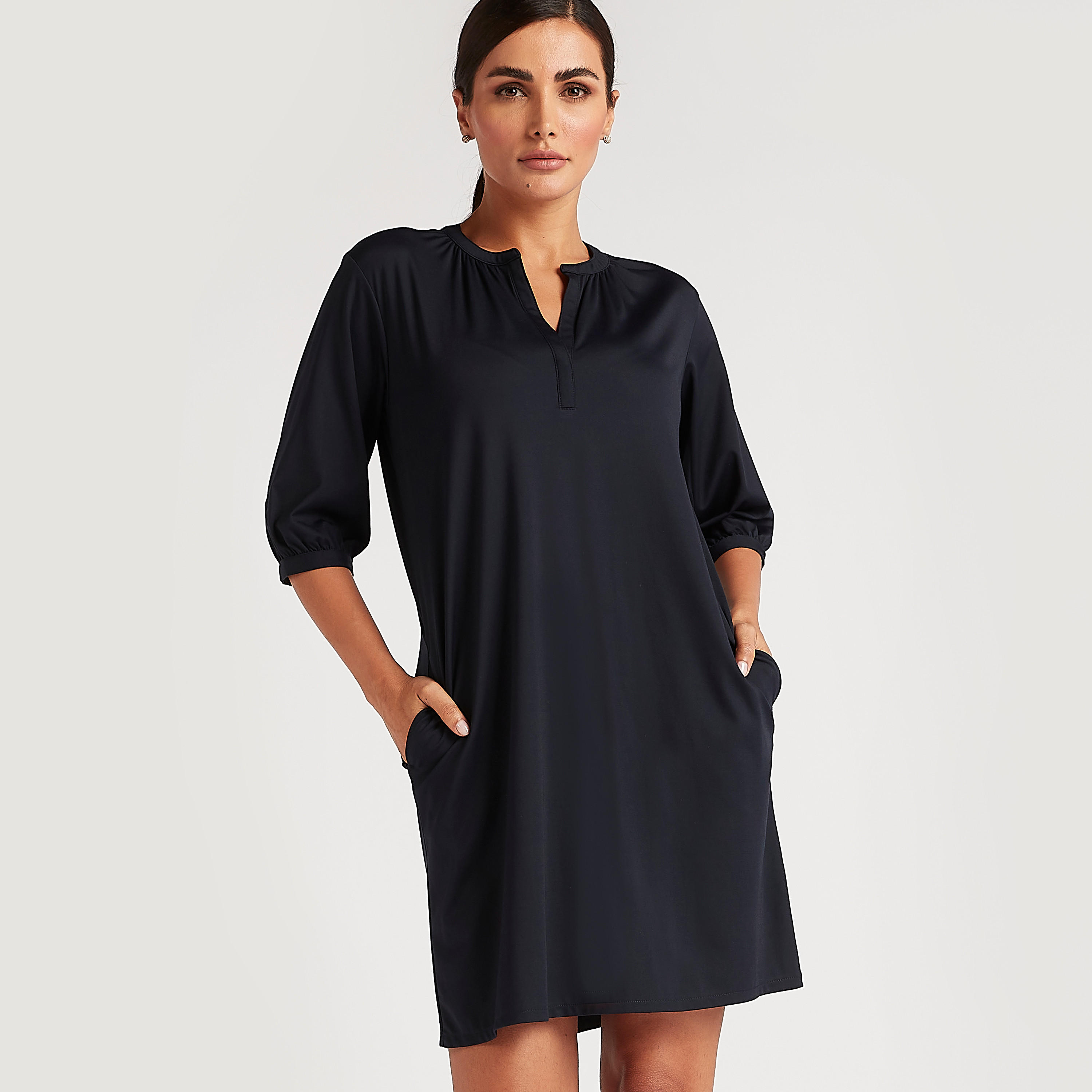 Solid Tunic Top with Pockets and V-neck-women-clothing-dresses-image-1