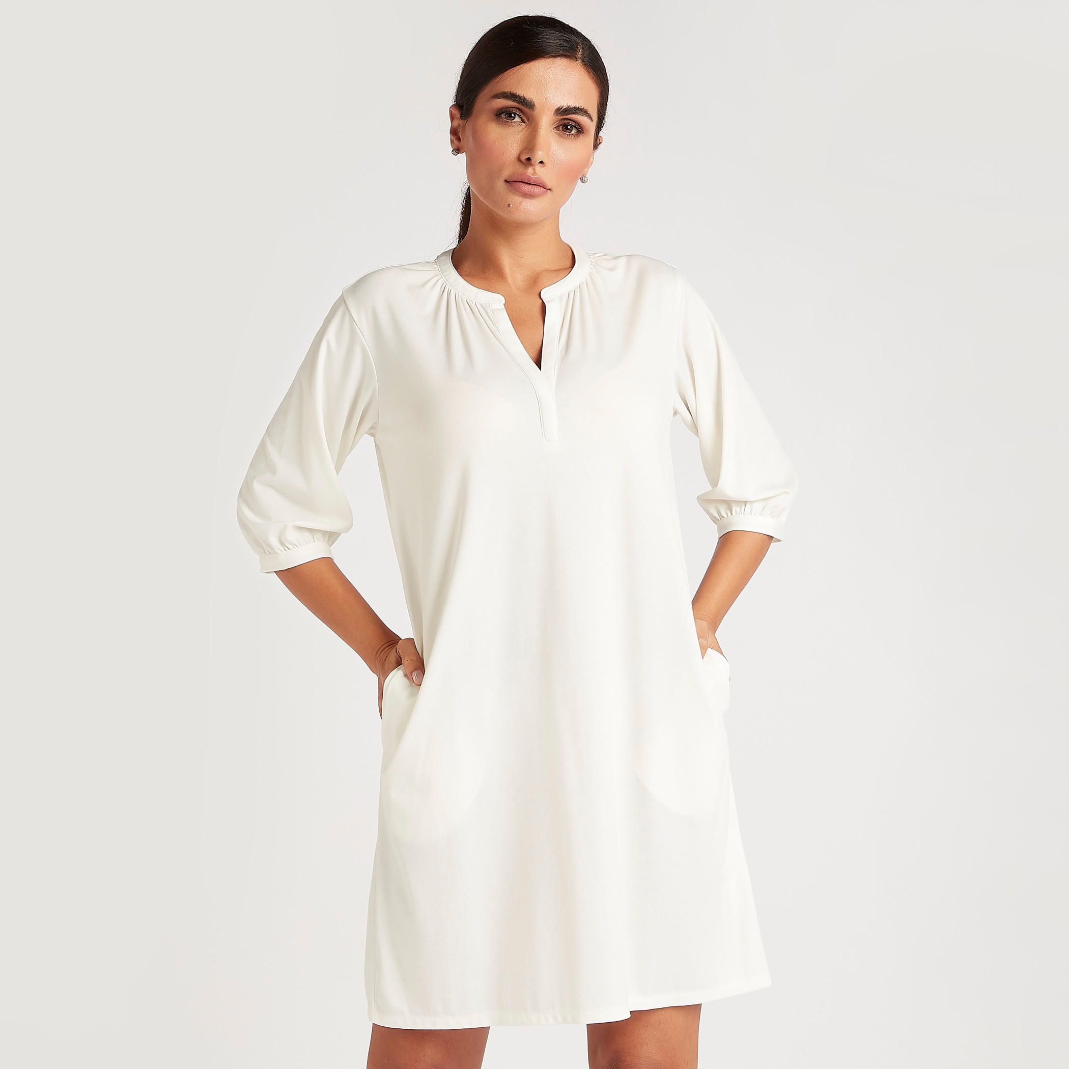 بلوزة تونيك سادة بجيوب وياقة v-women-clothing-dresses-image-17