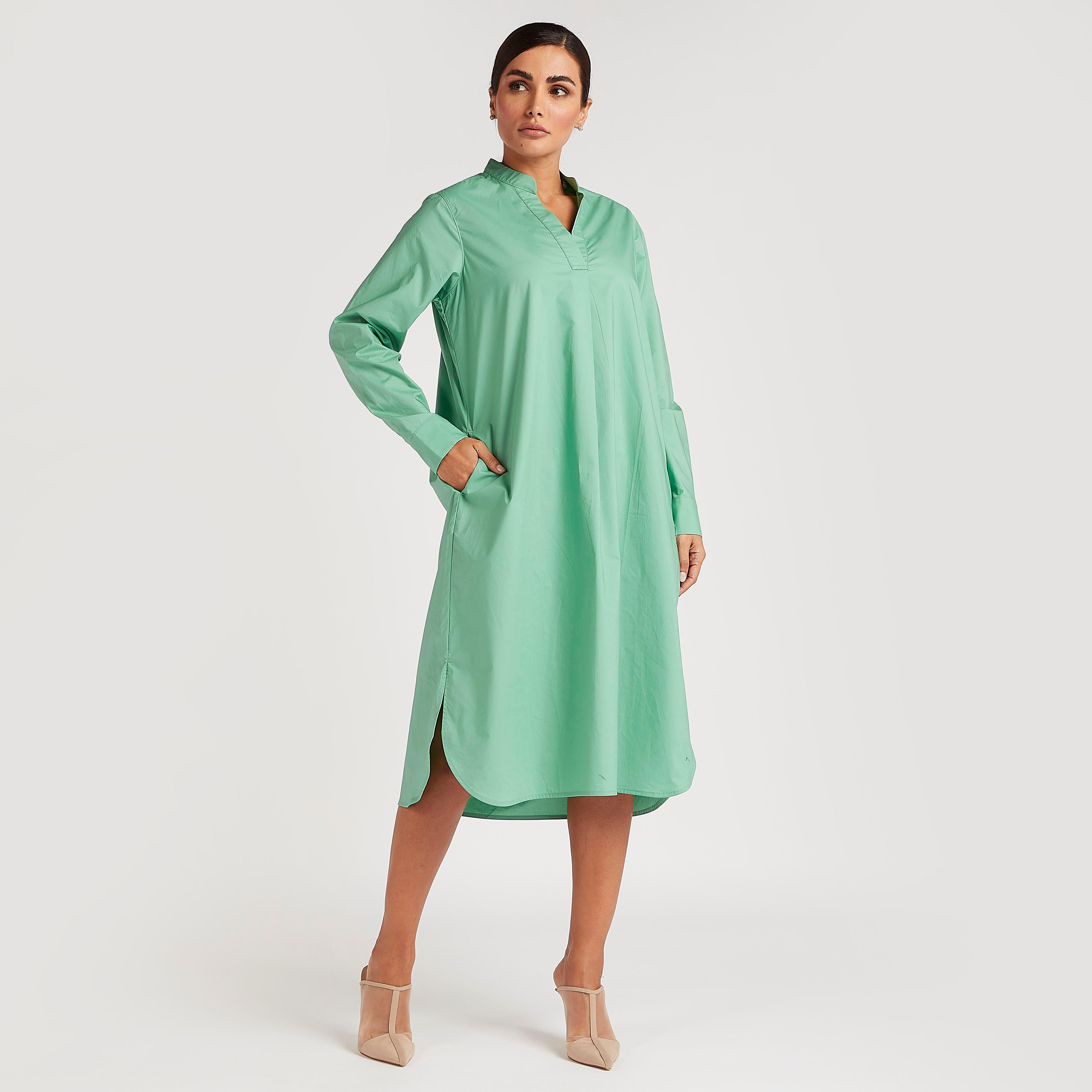فستان قميص ميدي سادة بأكمام طويلة وجيوب-women-clothing-dresses-image-1