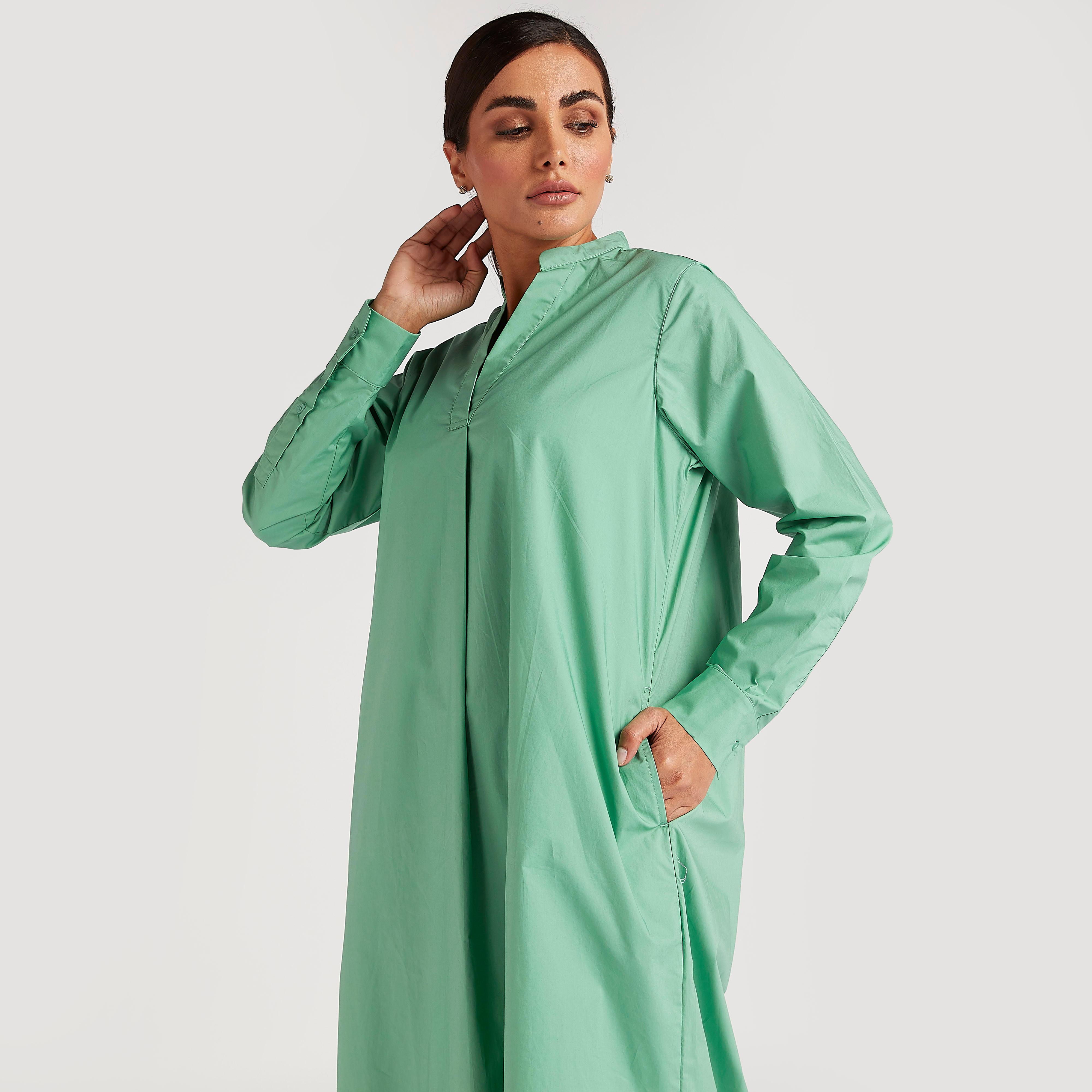 فستان قميص ميدي سادة بأكمام طويلة وجيوب-women-clothing-dresses-image-2