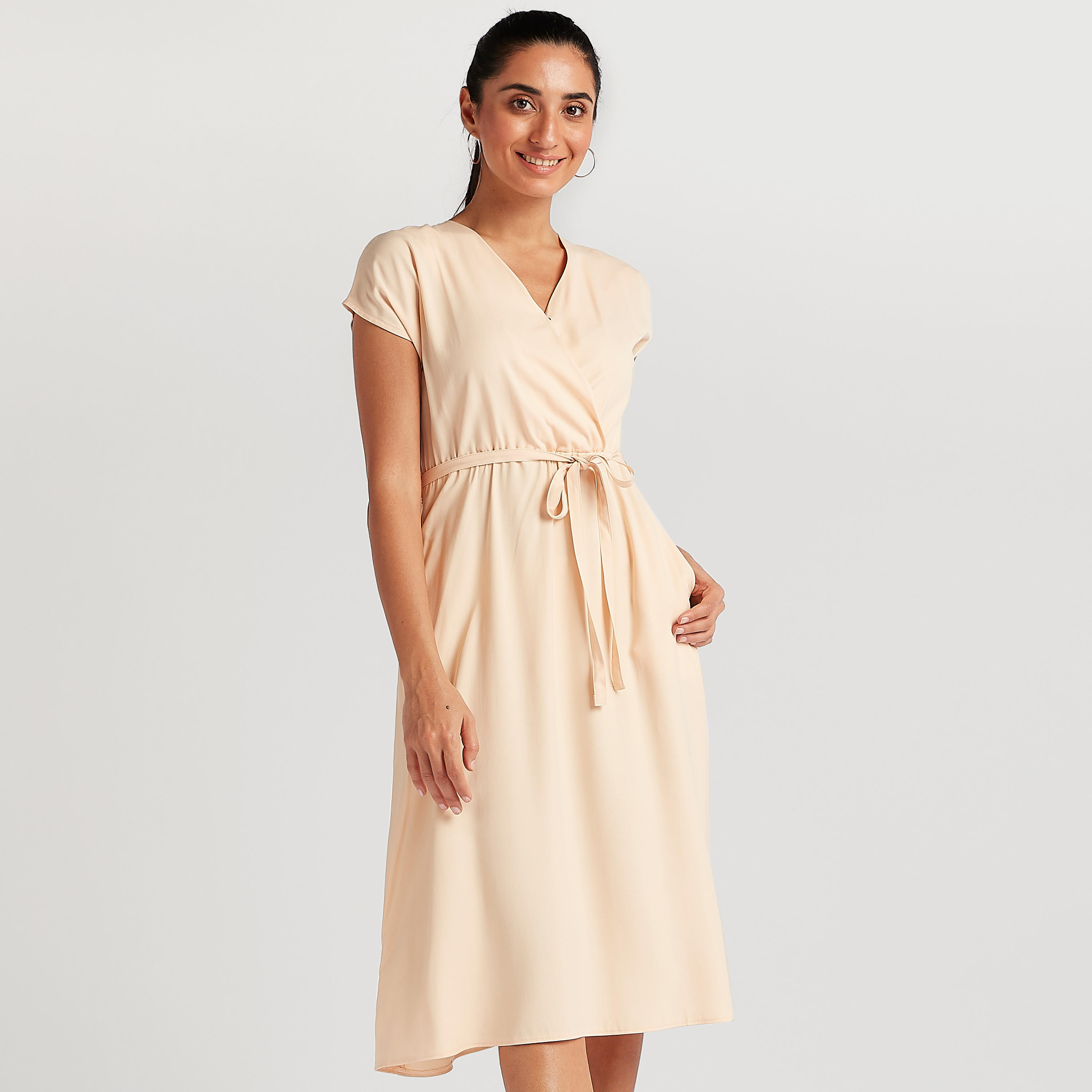 فستان ميدي إيه لاين سادة بأكمام كاب وحزام رباط-women-clothing-dresses-image-5