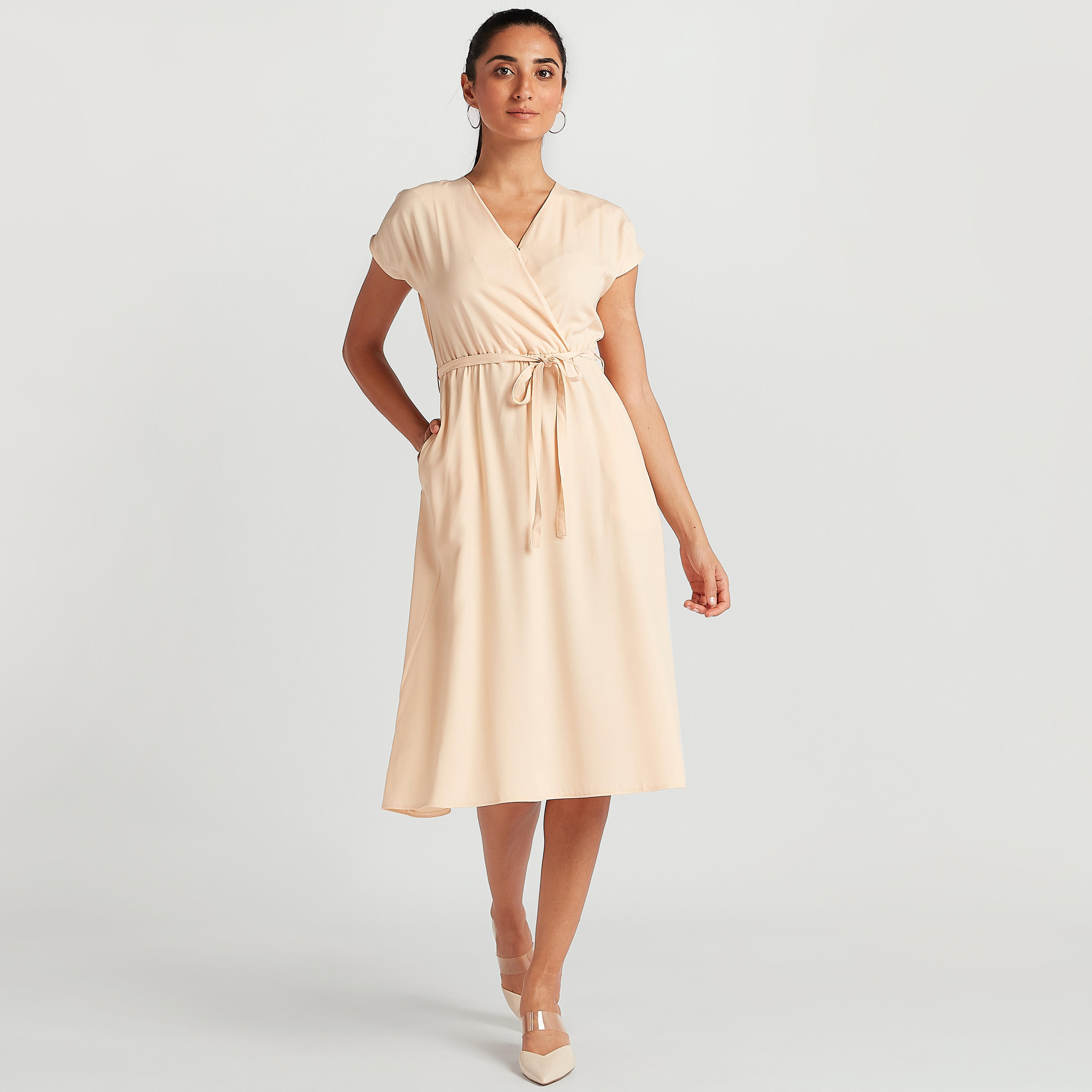 فستان ميدي إيه لاين سادة بأكمام كاب وحزام رباط-women-clothing-dresses-image-4