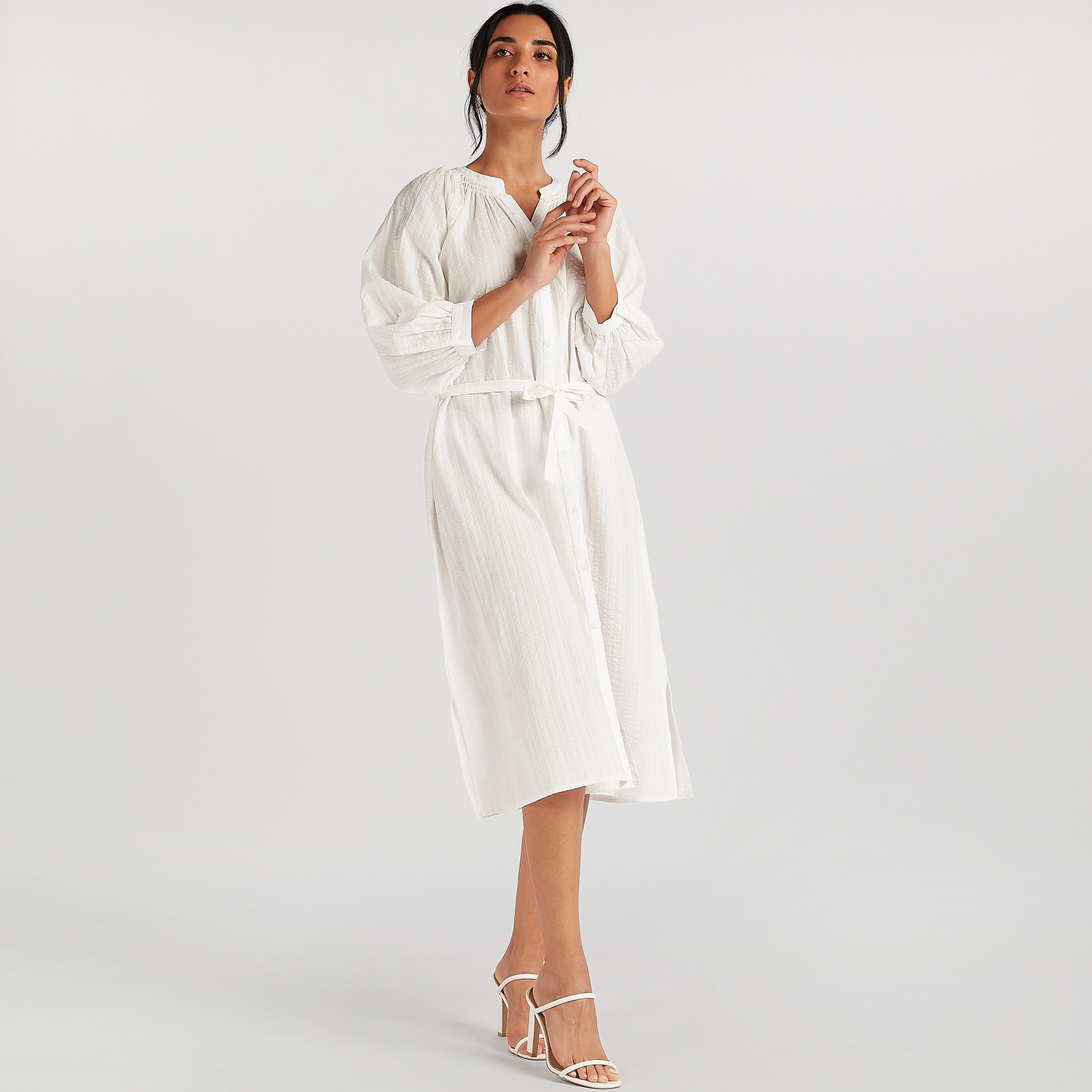 فستان قميص ميدي بارز الملمس وحزام رباط-women-clothing-dresses-image-3