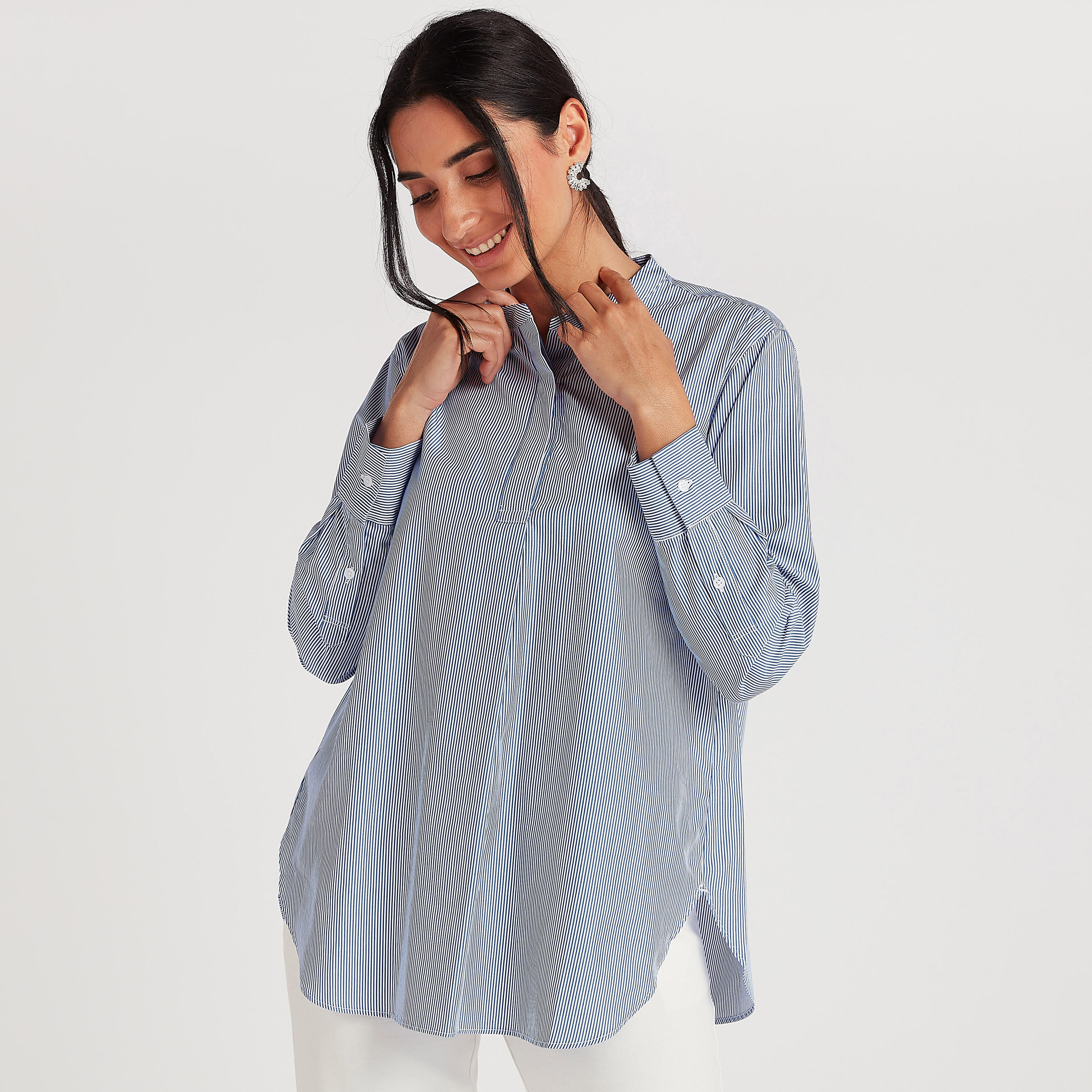 بلوزة طويلة مخطّطة وياقة ماندارين-women-clothing-shirtsandblouses-blouses-image-4