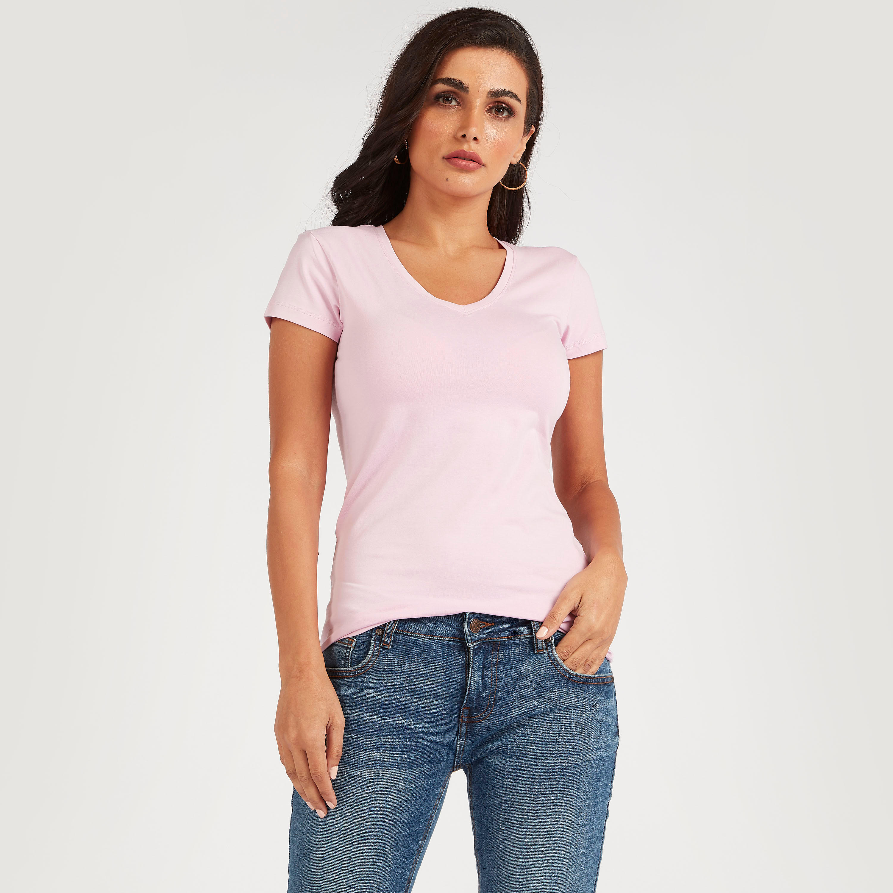 تيشيرت بارز الملمس بياقة V وأكمام قصيرة-women-clothing-tshirts-image-1