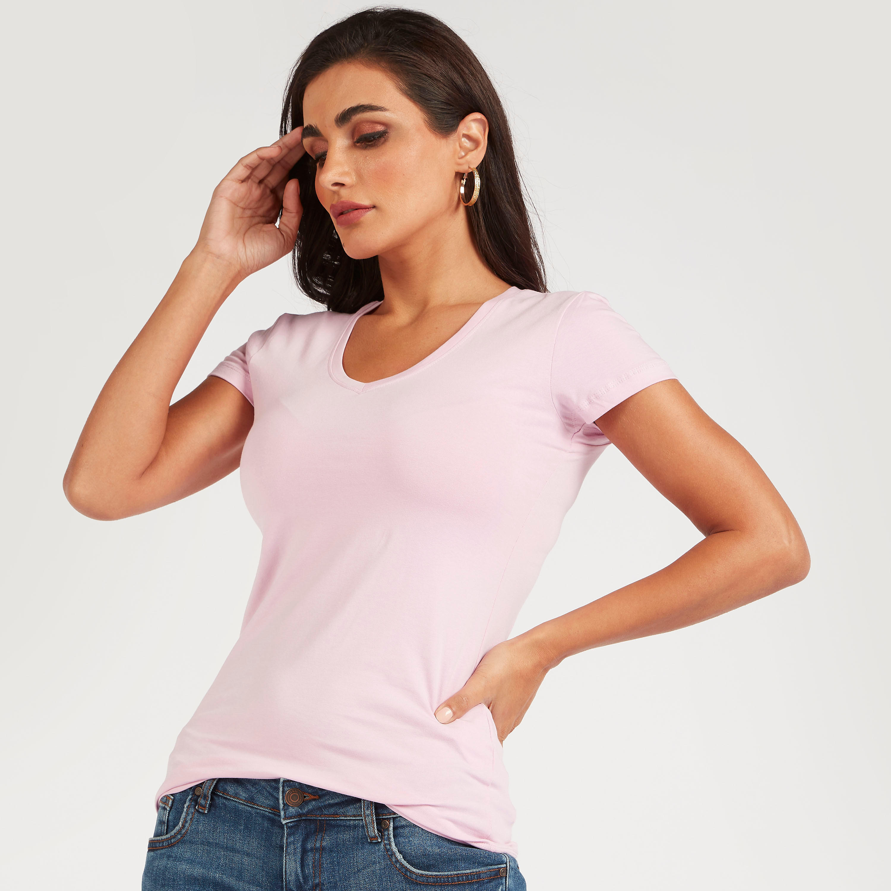تيشيرت بارز الملمس بياقة V وأكمام قصيرة-women-clothing-tshirts-image-3