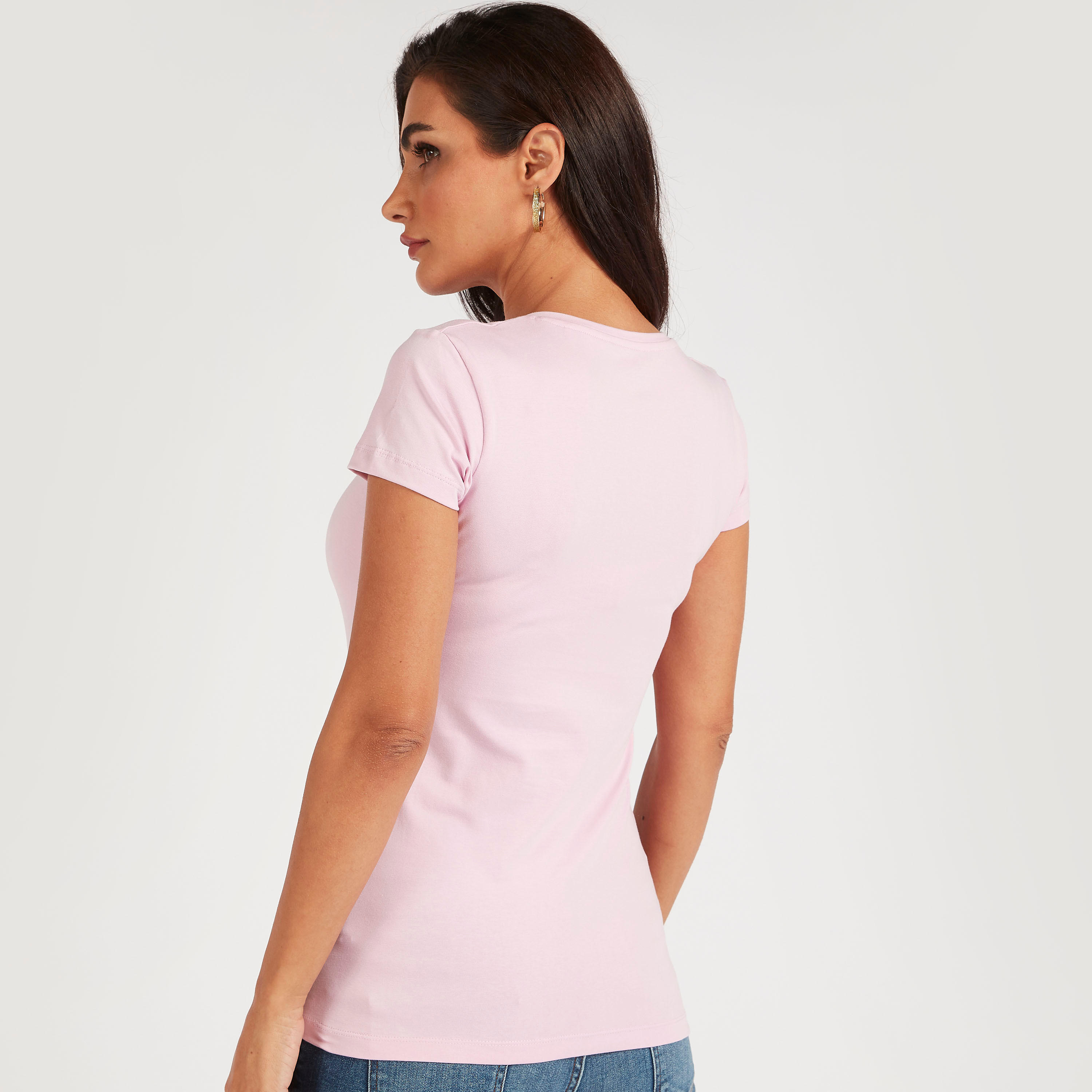 تيشيرت بارز الملمس بياقة V وأكمام قصيرة-women-clothing-tshirts-image-4