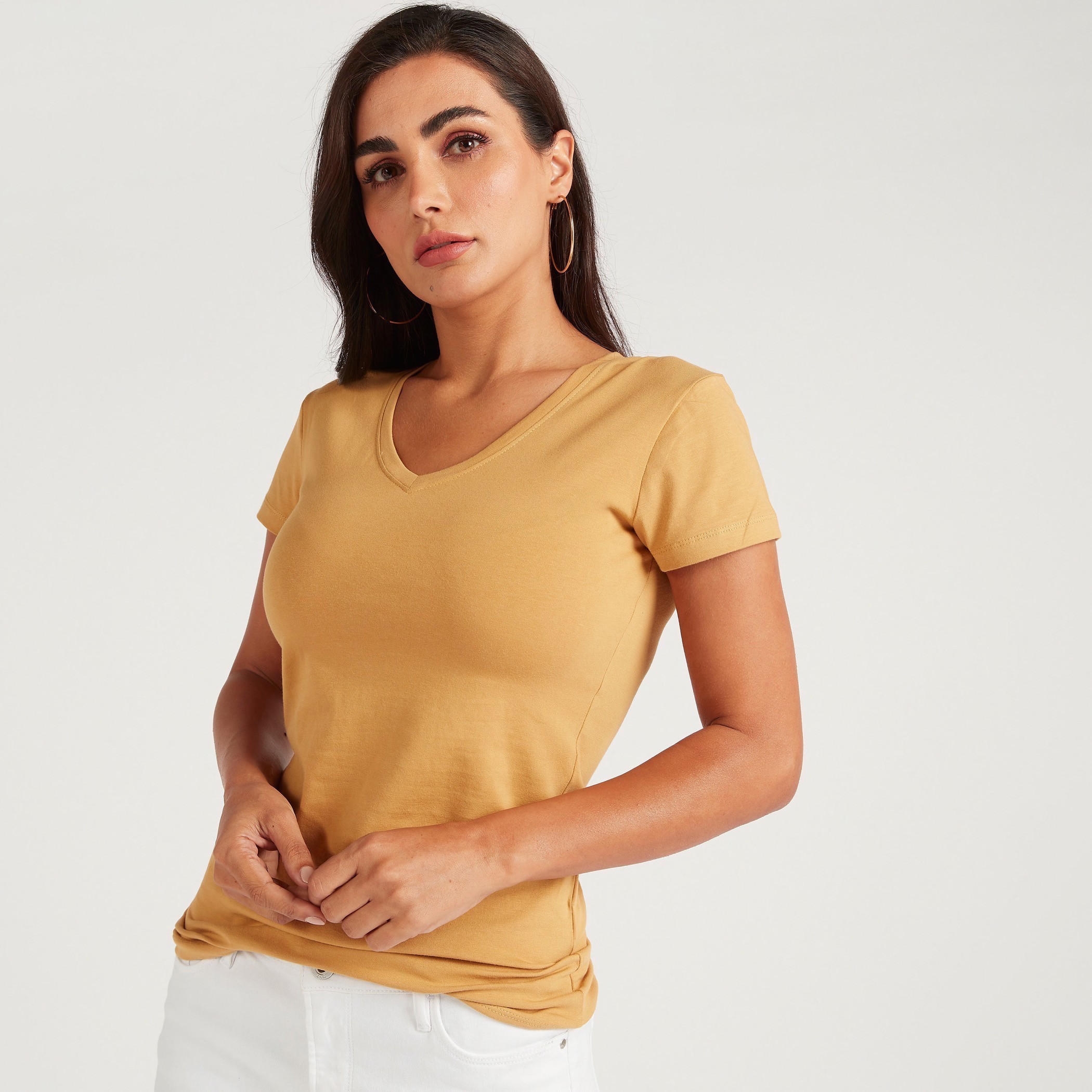 تيشيرت سادة بياقة V وأكمام كاب-women-clothing-tshirts-image-4