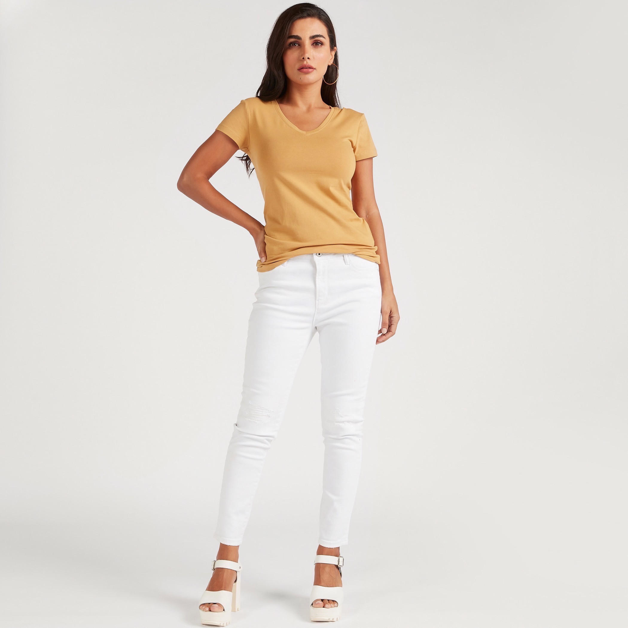 تيشيرت سادة بياقة V وأكمام كاب-women-clothing-tshirts-image-3