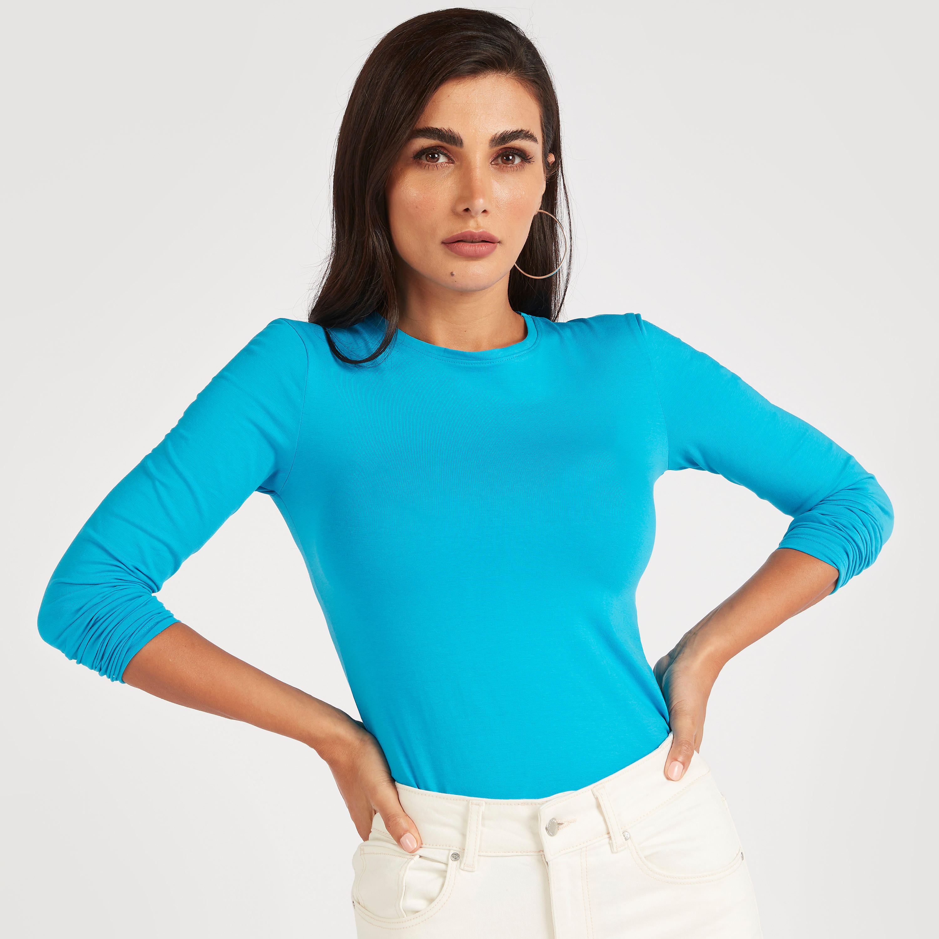 Solid T-shirt with Long Sleeves and Crew Neck-women-clothing-tshirts-image-1