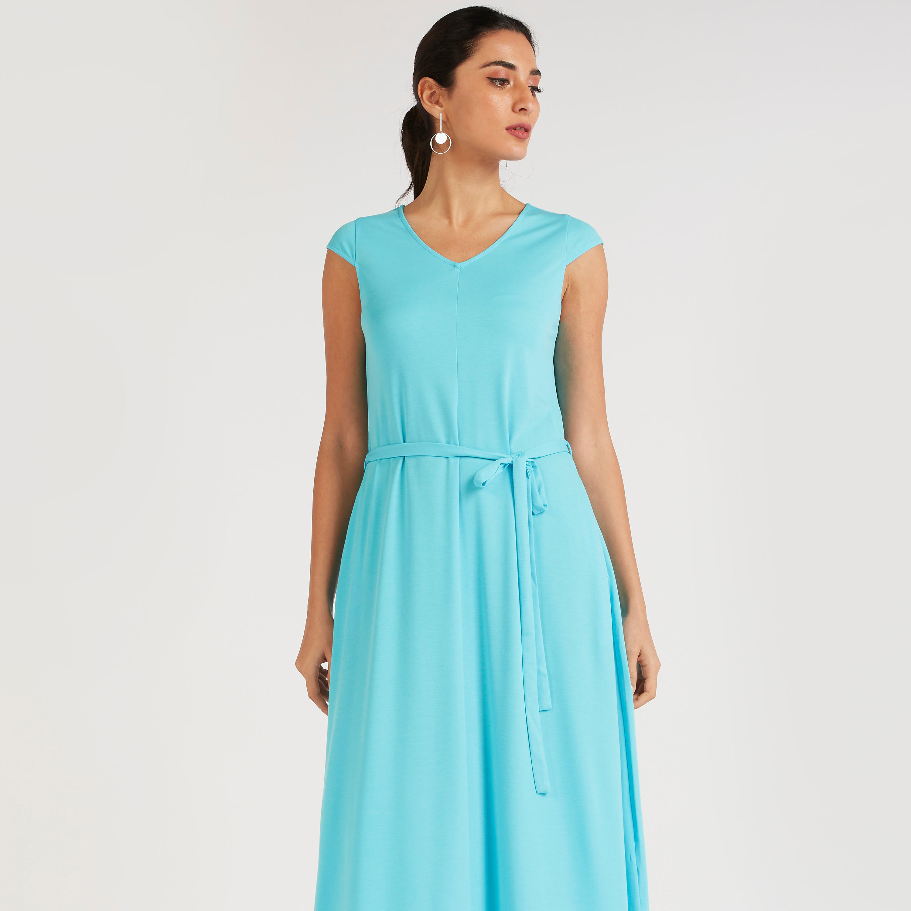 فستان ميدي إيه لاين سادة بأكمام كاب وحزام رباط-women-clothing-dresses-image-1