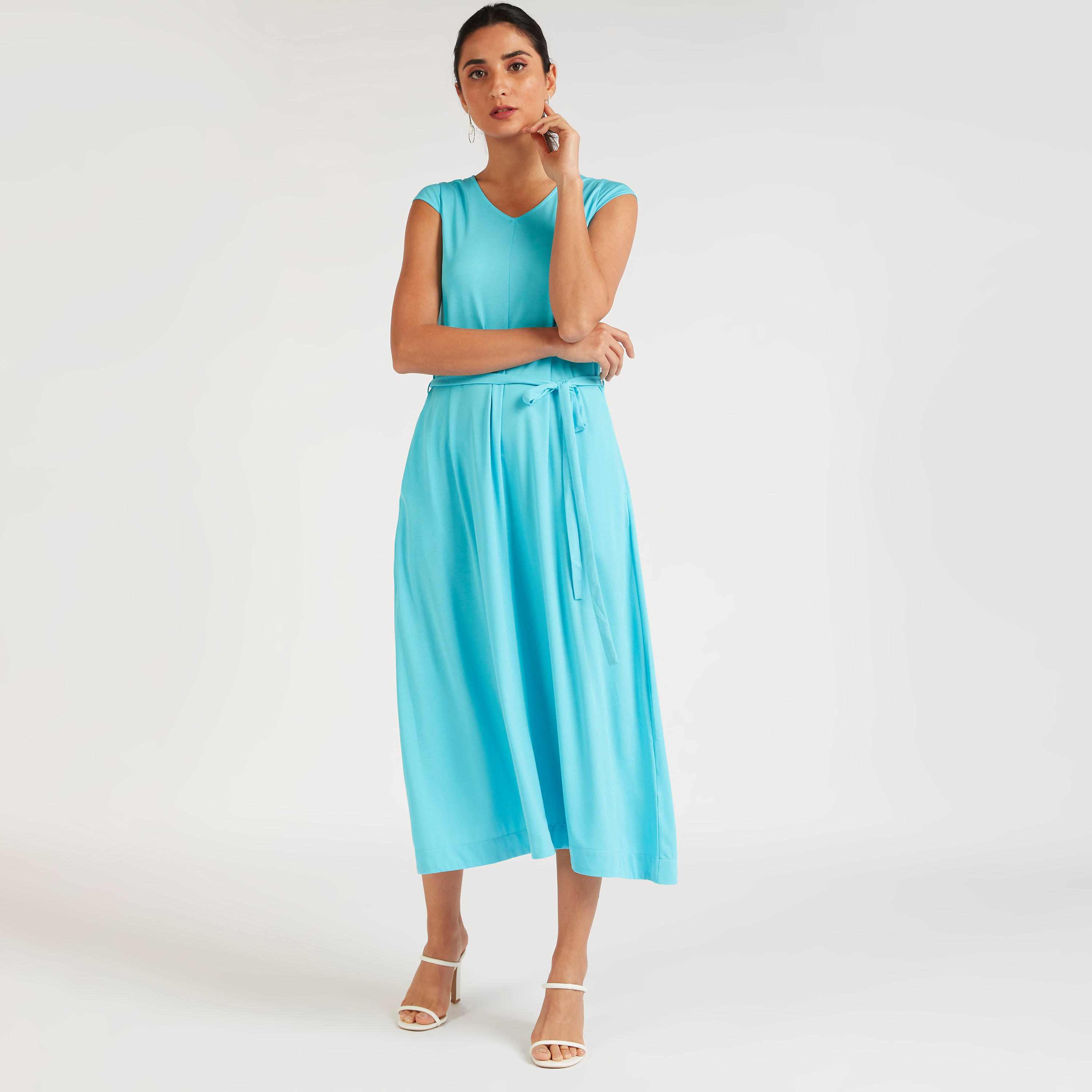 فستان ميدي إيه لاين سادة بأكمام كاب وحزام رباط-women-clothing-dresses-image-2