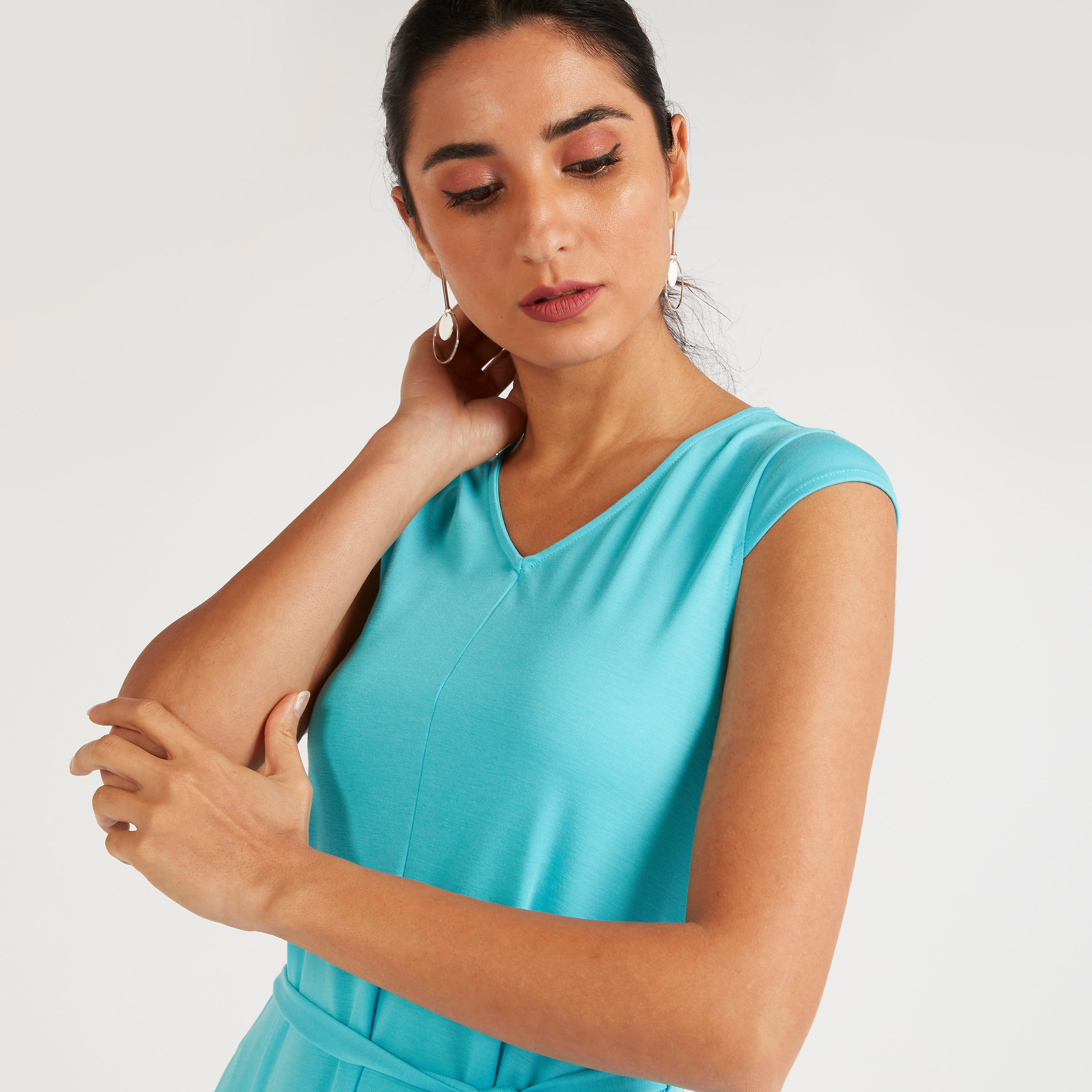 فستان ميدي إيه لاين سادة بأكمام كاب وحزام رباط-women-clothing-dresses-image-3